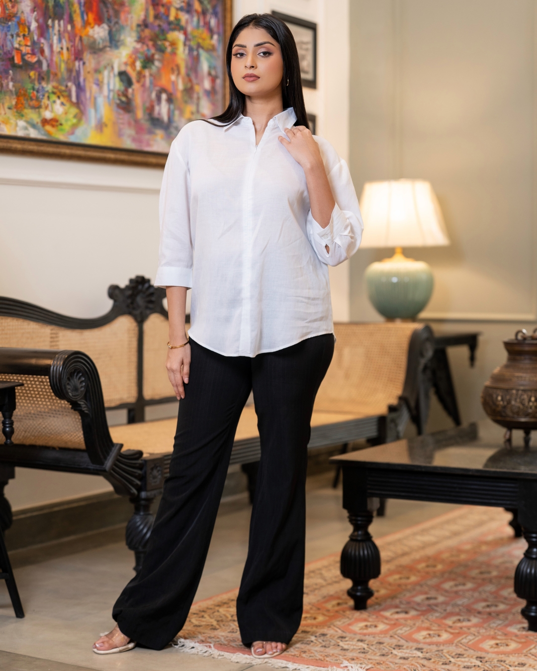Zipper Detail Collared Relaxed Fit Shirt Blouse - Image 3
