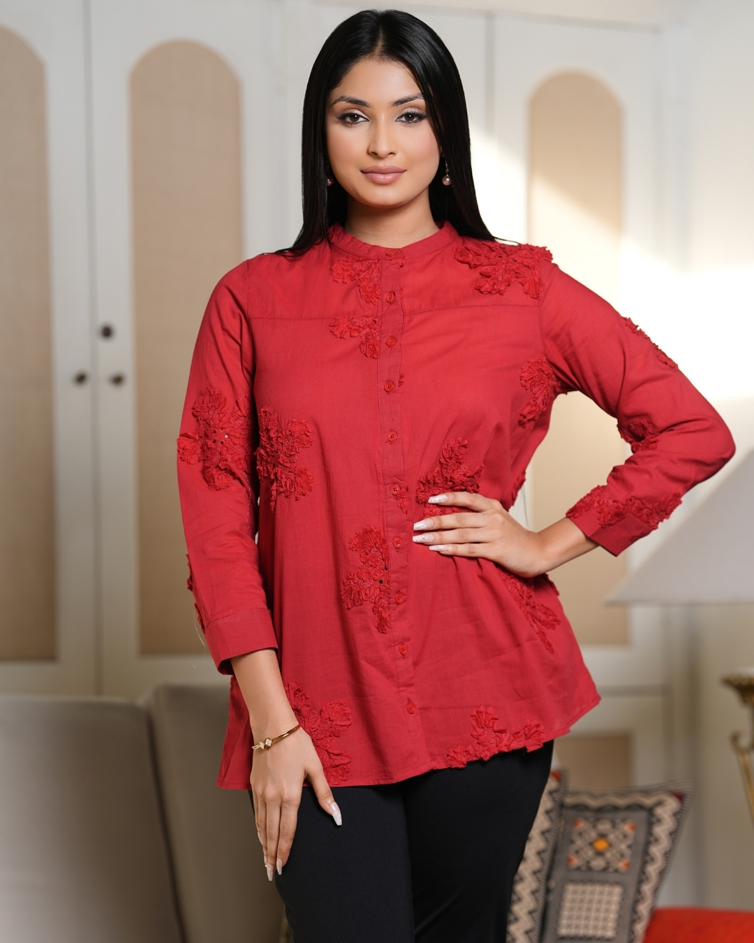 Ribbon Embroidered Floral Button Up Top