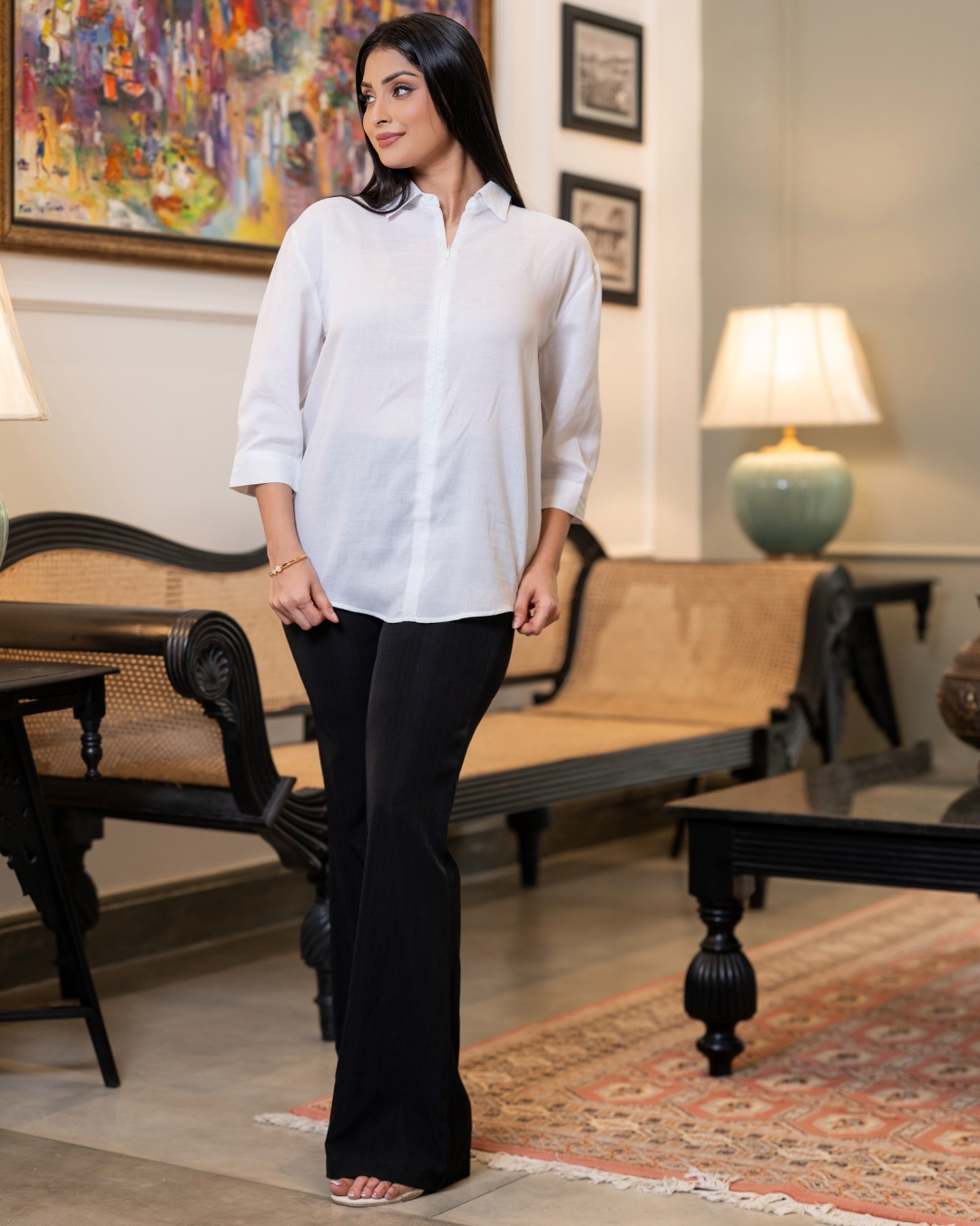 Zipper Detail Collared Relaxed Fit Shirt Blouse - Image 2