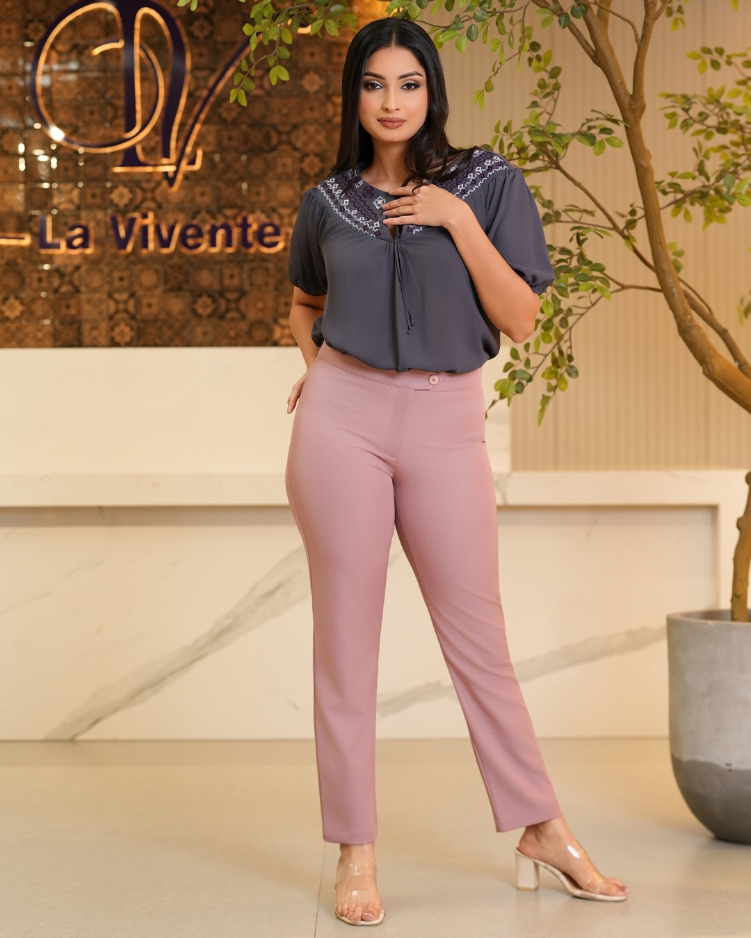 Button Detail Straight Leg Pants - Image 2