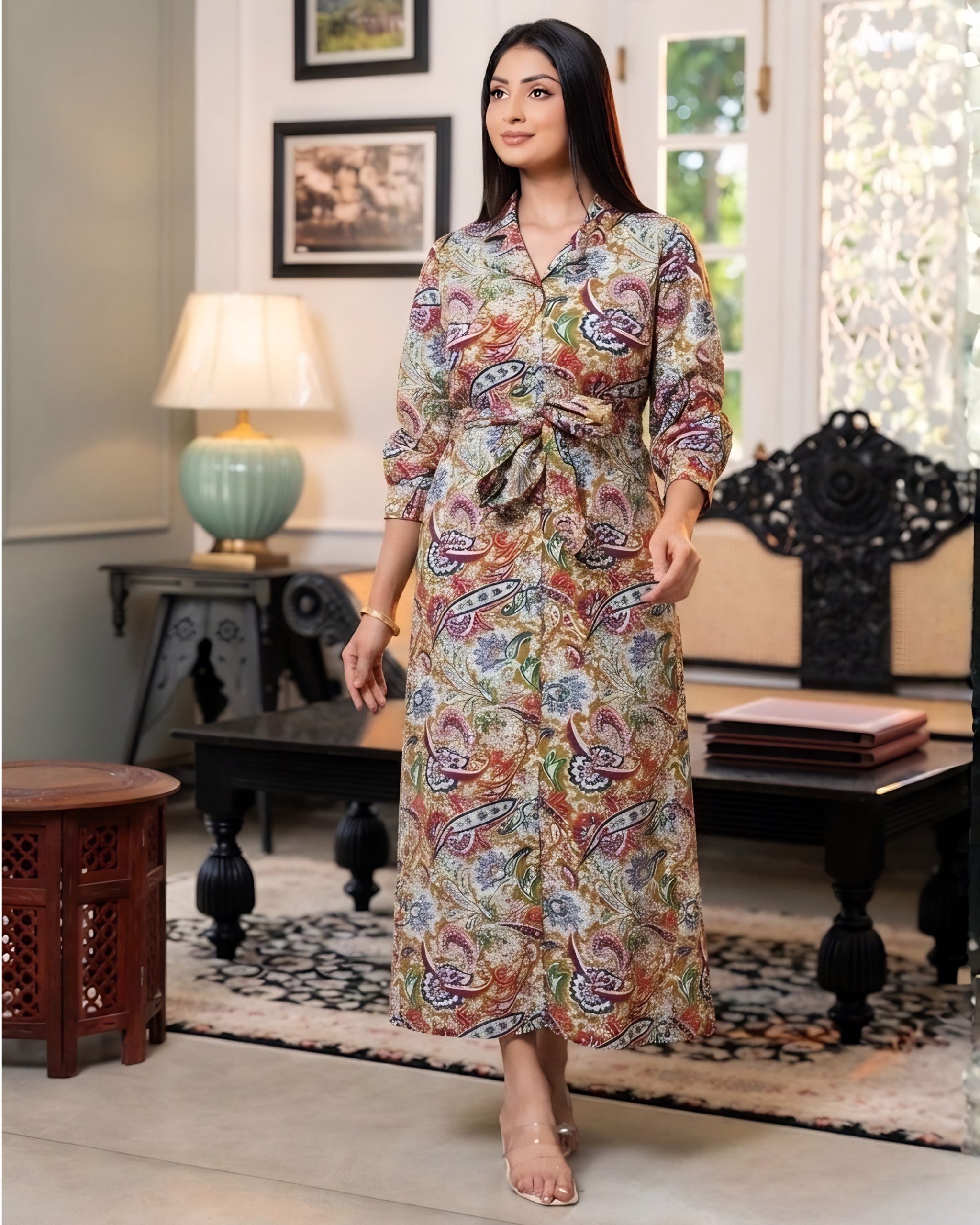 Printed Front Knot Maxi Dress