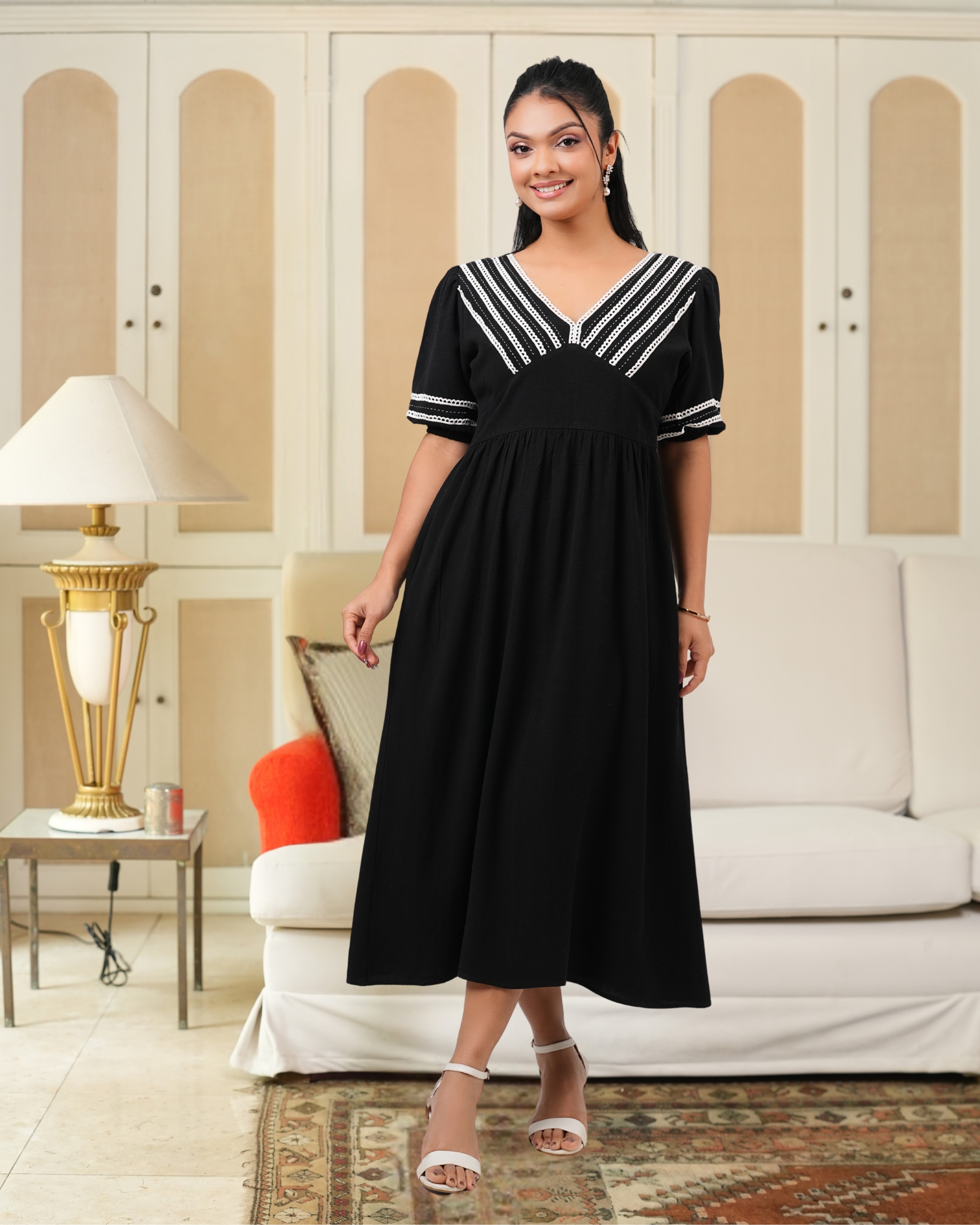 Lace Embroidered Empire Waistline Midi Dress