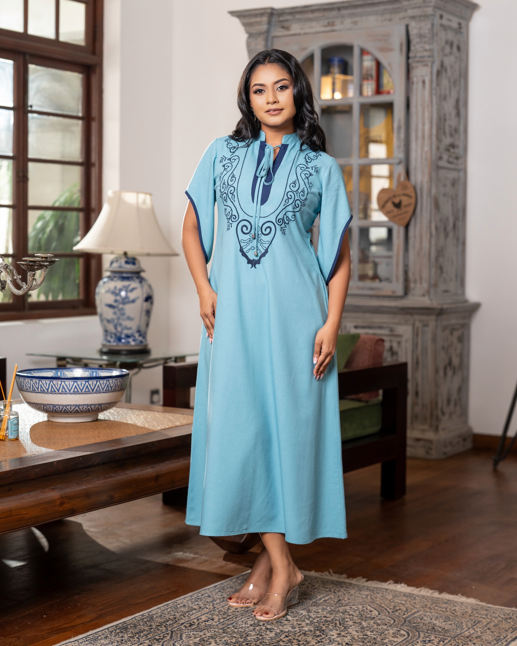 Contrast Embroidery Detail Maggie Sleeve Maxi Dress - Image 3