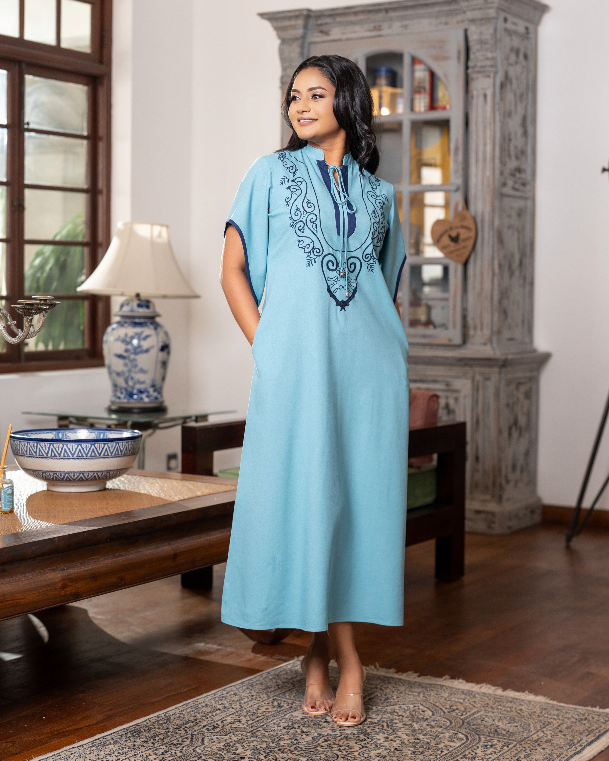 Contrast Embroidery Detail Maggie Sleeve Maxi Dress - Image 2