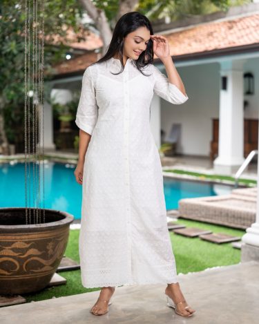 Button-Front Point-Collar Maxi Shirt dress