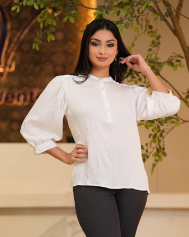 Mandarin Collar Henley Blouse with Gathered Bishop Sleeves