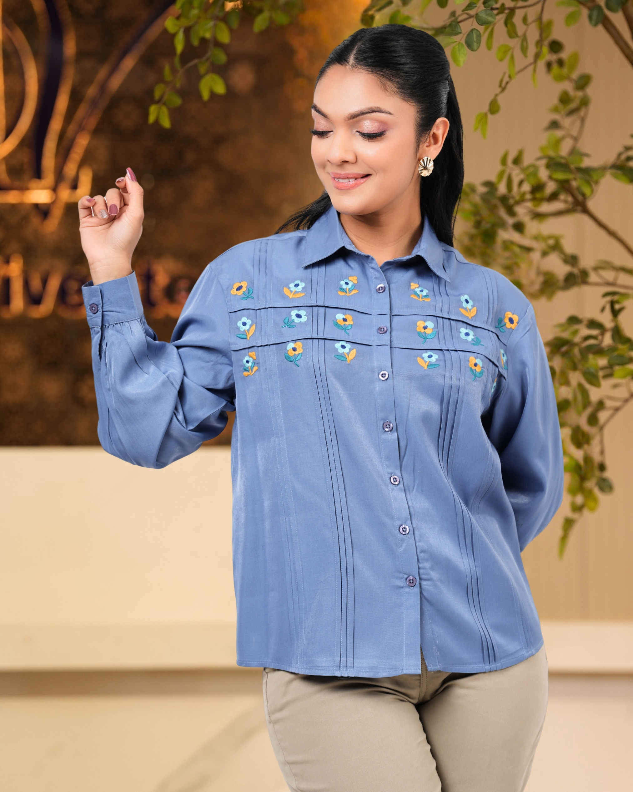 Pintuck Detail Embroidered Shirt blouse - Image 2