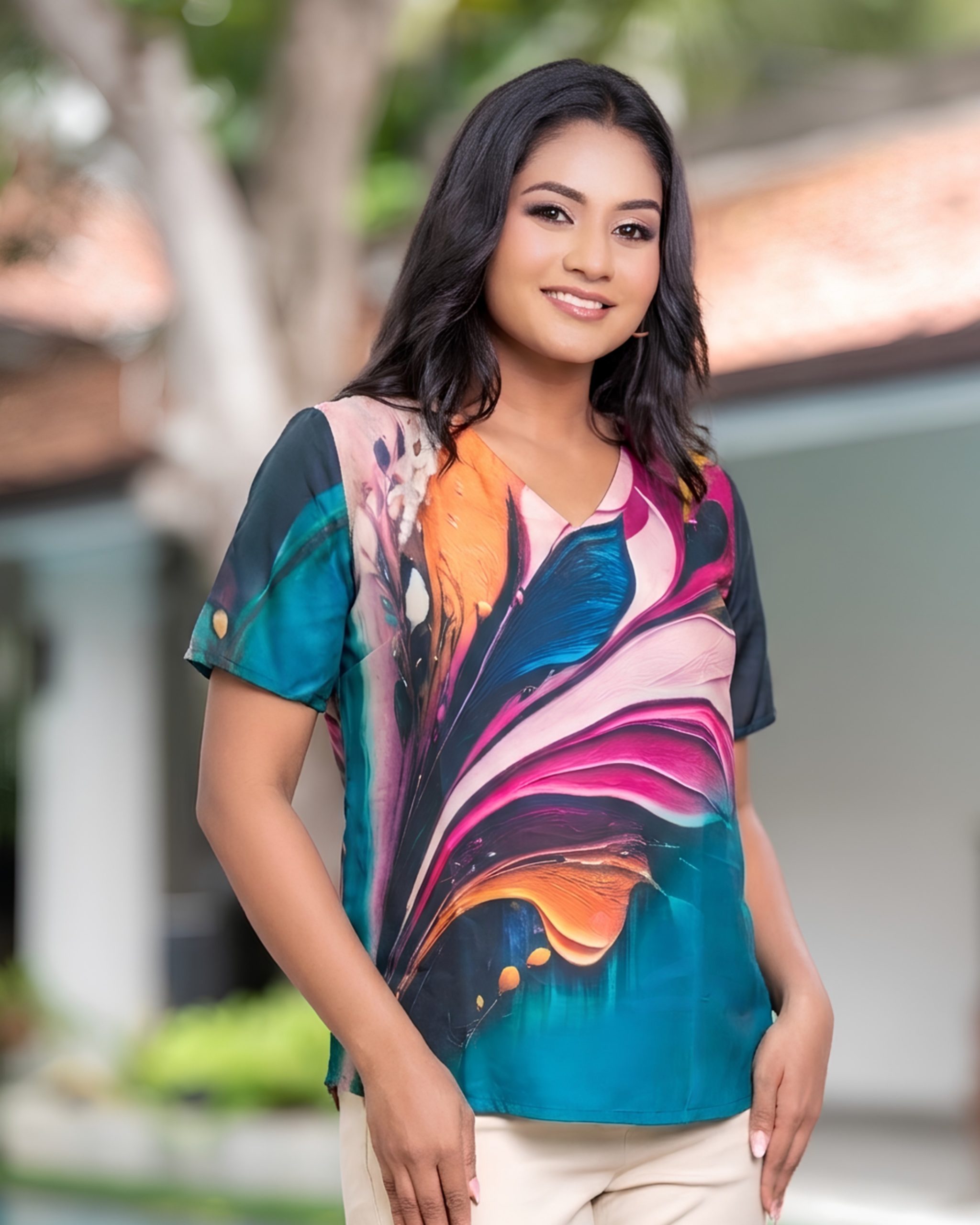 Satin Short Sleeve Blouse with Abstract Feather - Image 2
