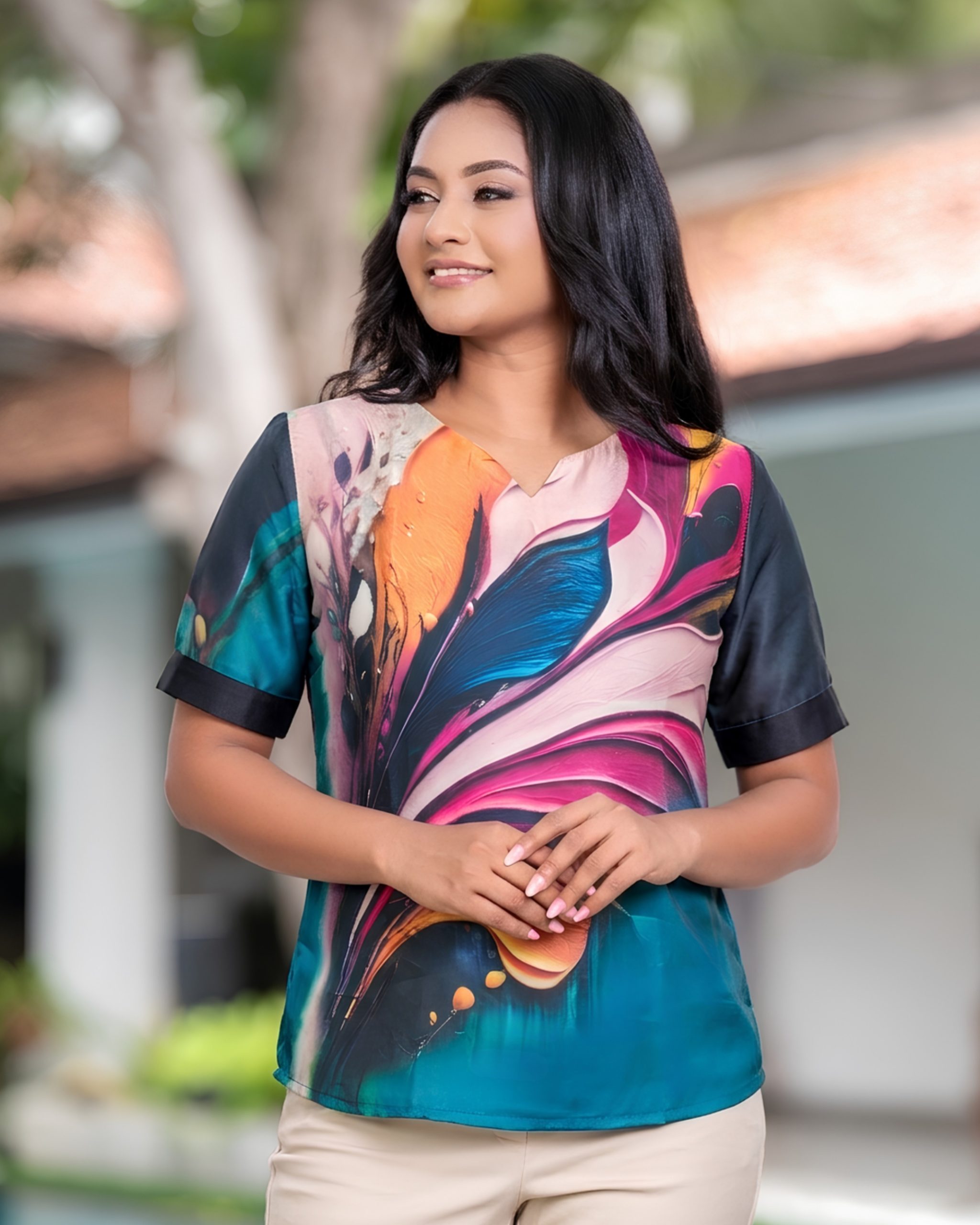 Satin Short Sleeve Blouse with Abstract Feather - Image 3