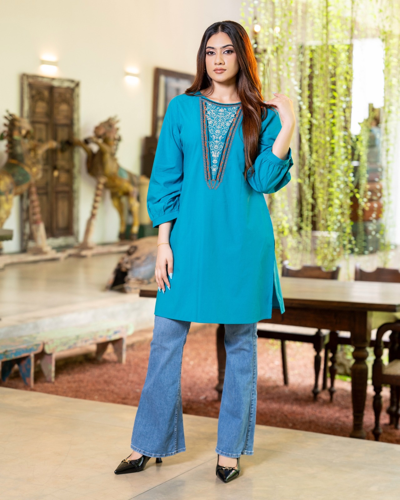 The Triangular Yoke Embroidered Tunic Top - Image 2
