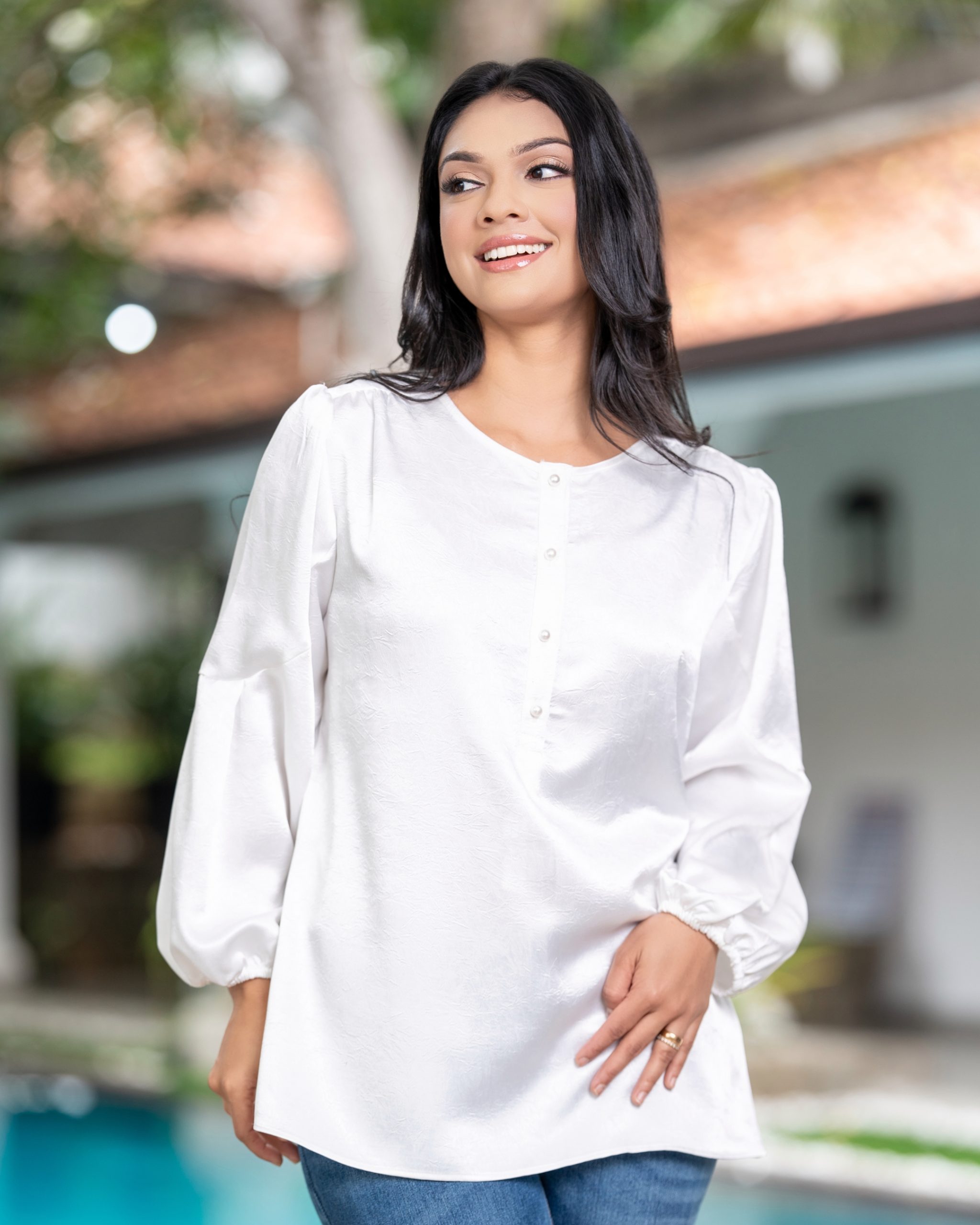 Pearl Button-Up Puff Sleeve Blouse - Image 2