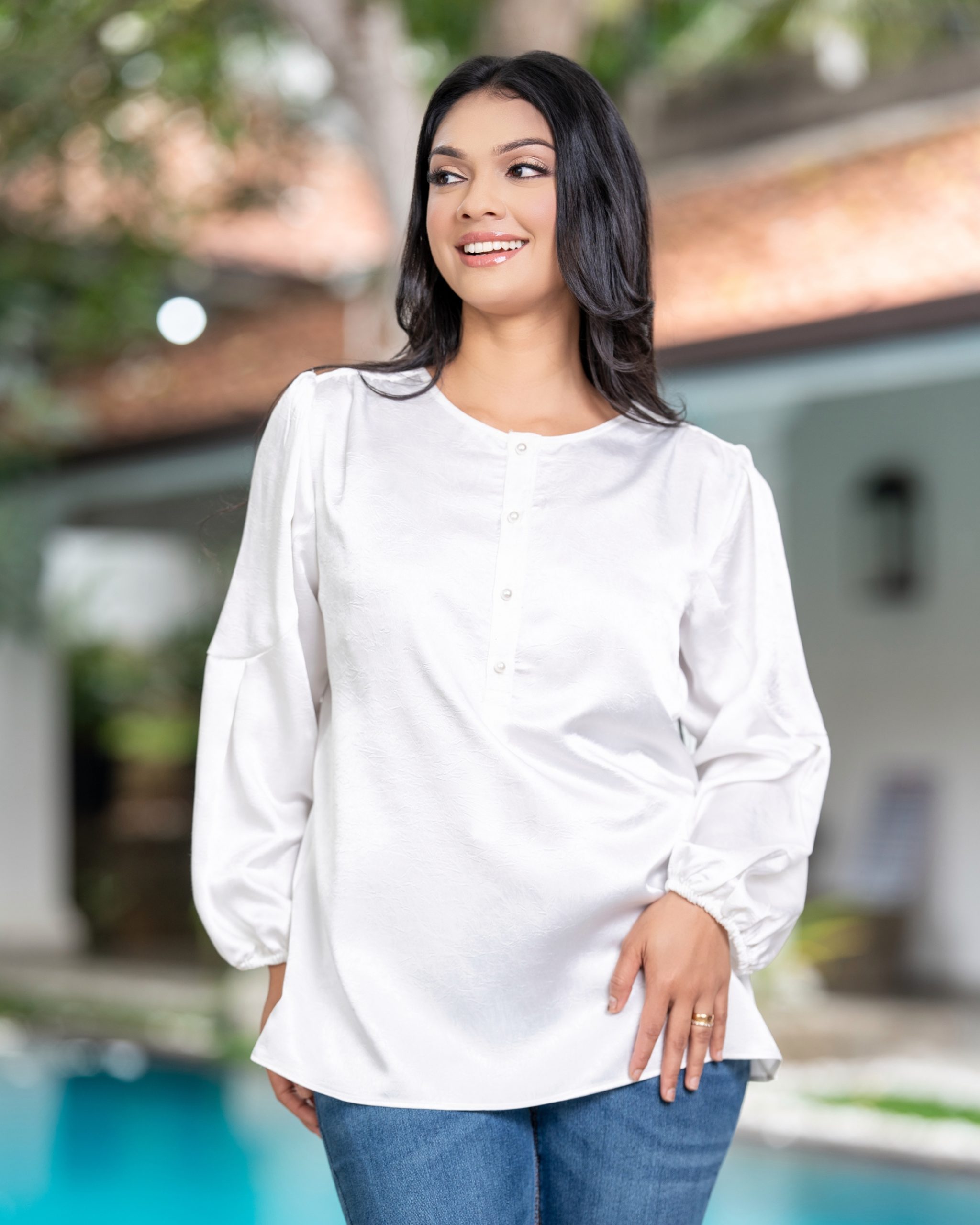 Pearl Button-Up Puff Sleeve Blouse - Image 3