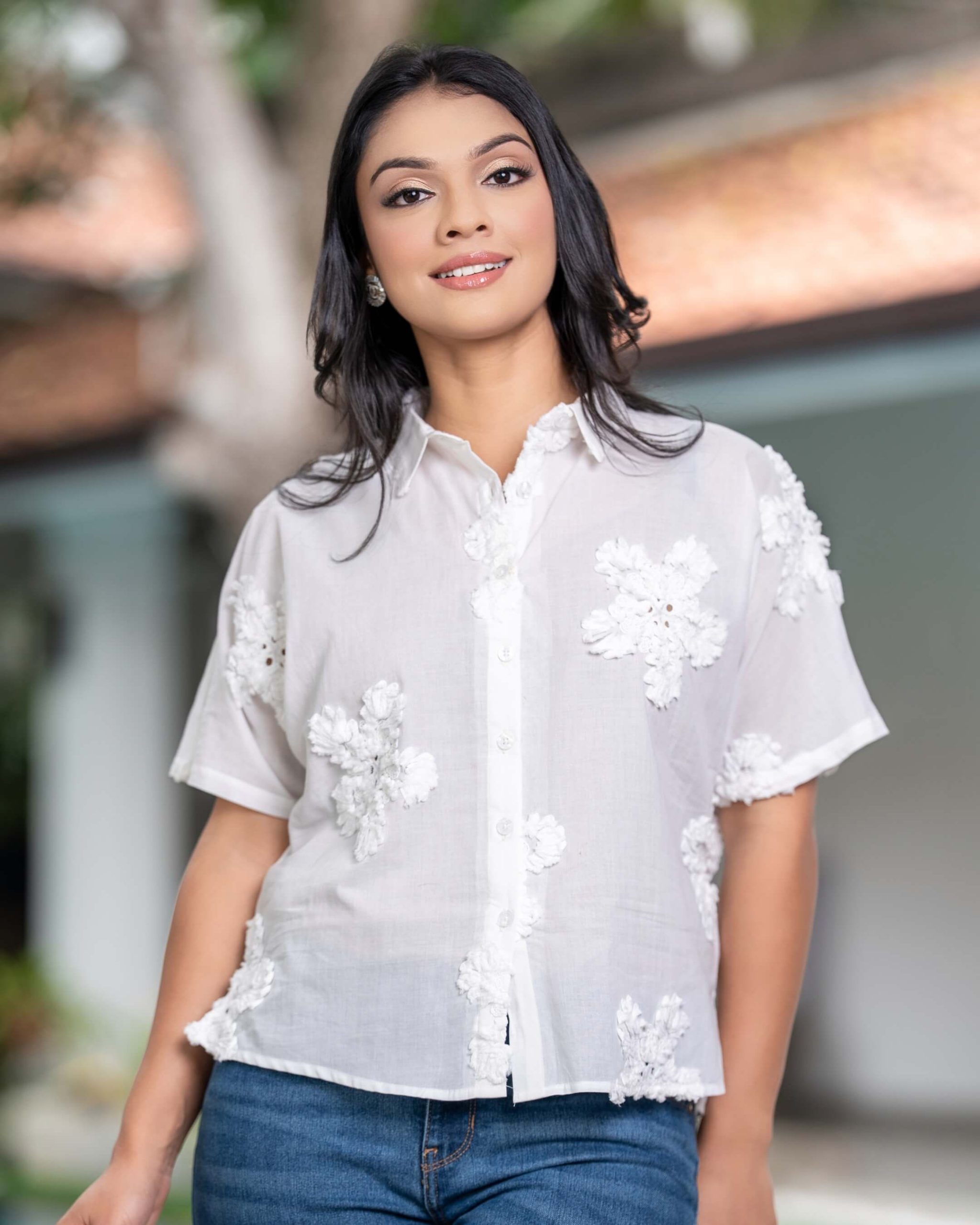 3D Floral Applique Button Down Blouse - Image 2