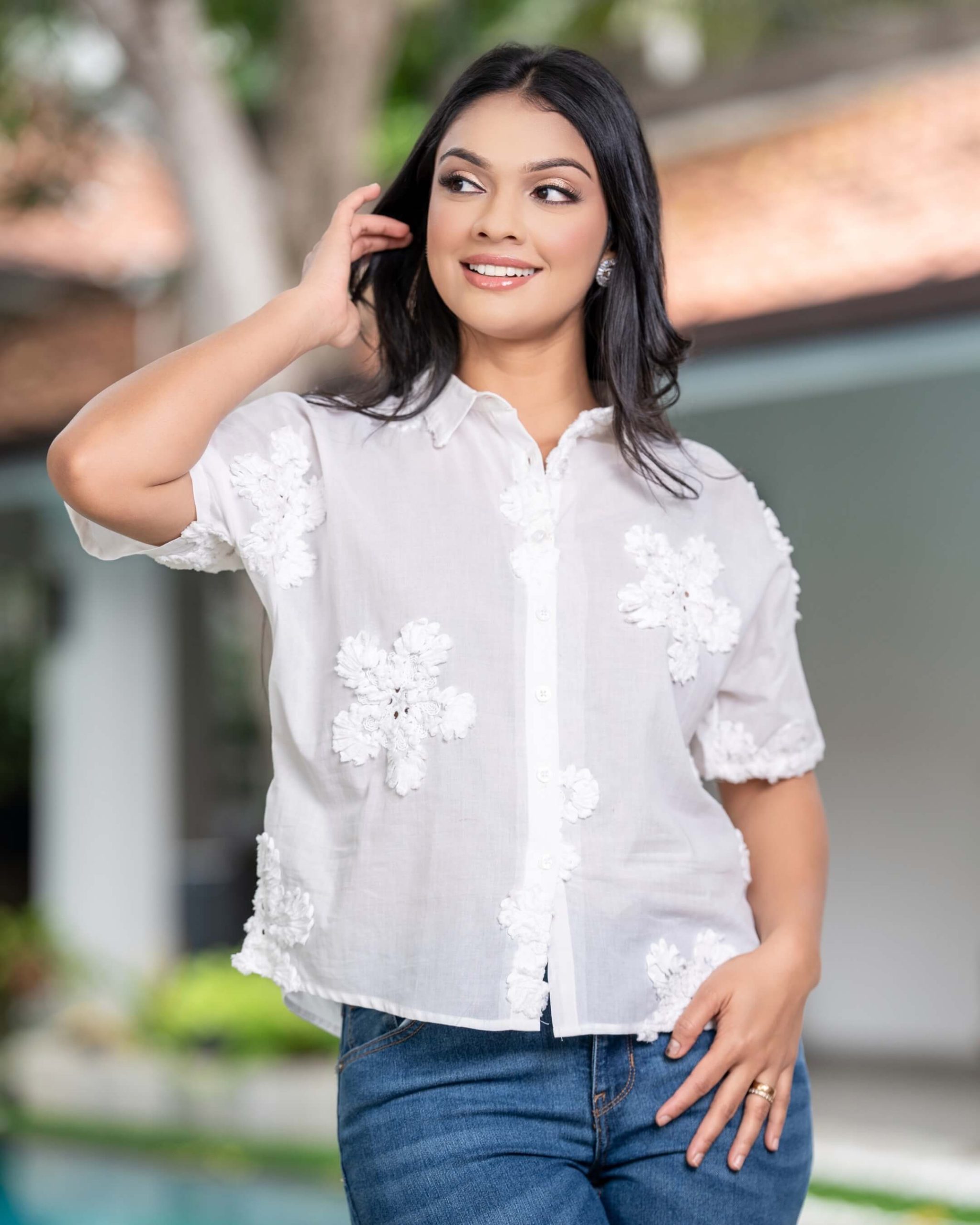 3D Floral Applique Button Down Blouse - Image 3