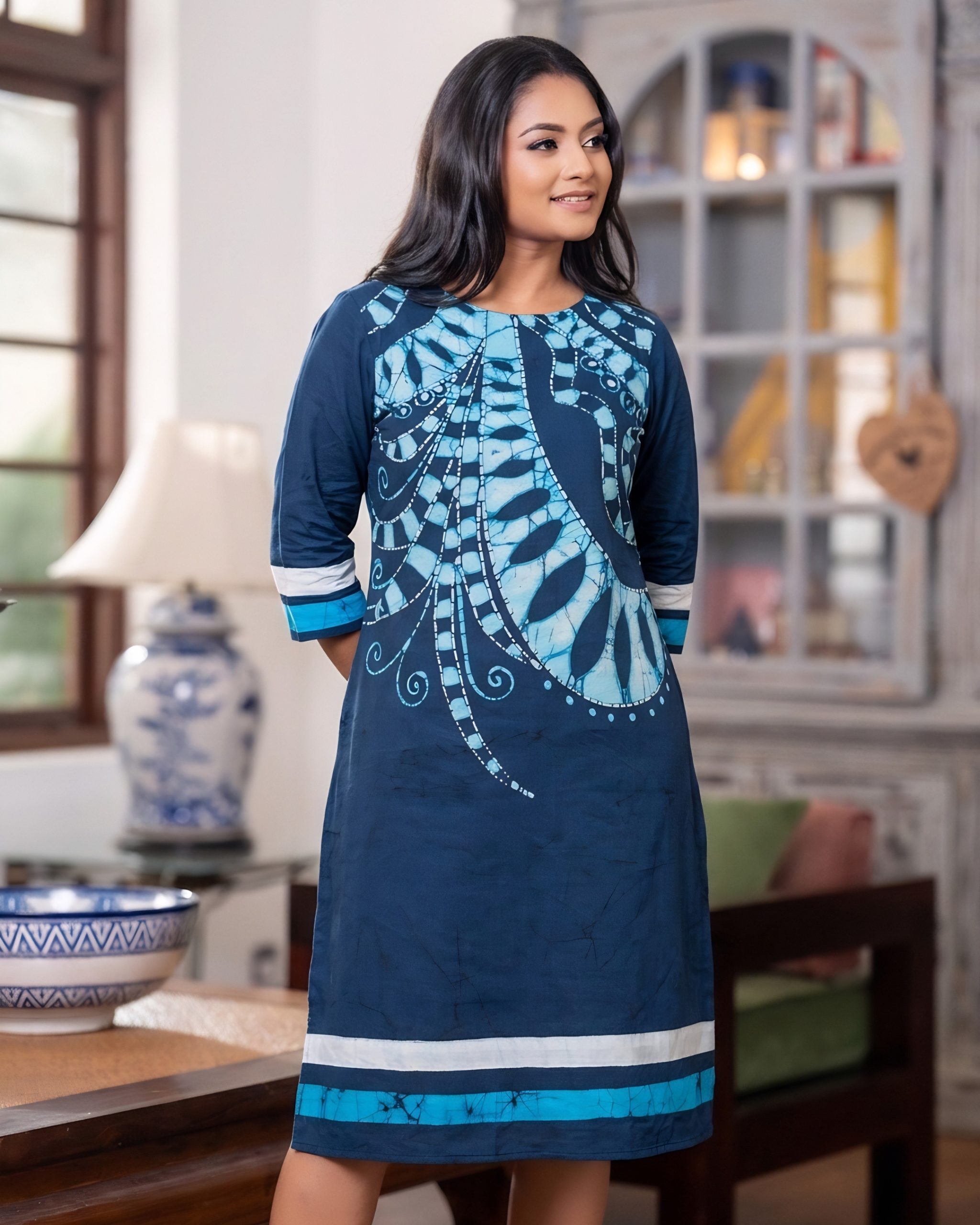 Indigo Sea-Fan Batik Short Dress - Image 5