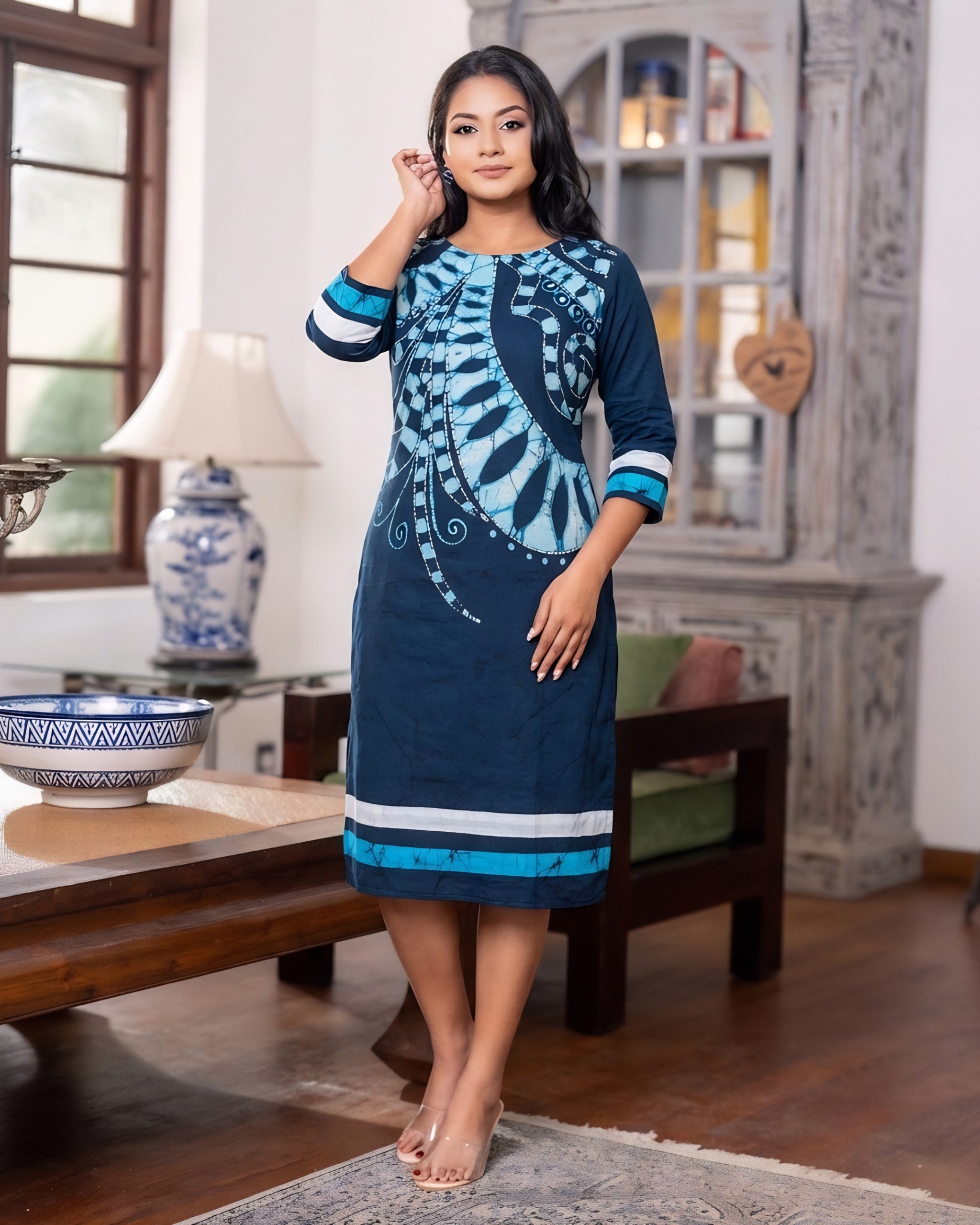 Indigo Sea-Fan Batik Short Dress - Image 4