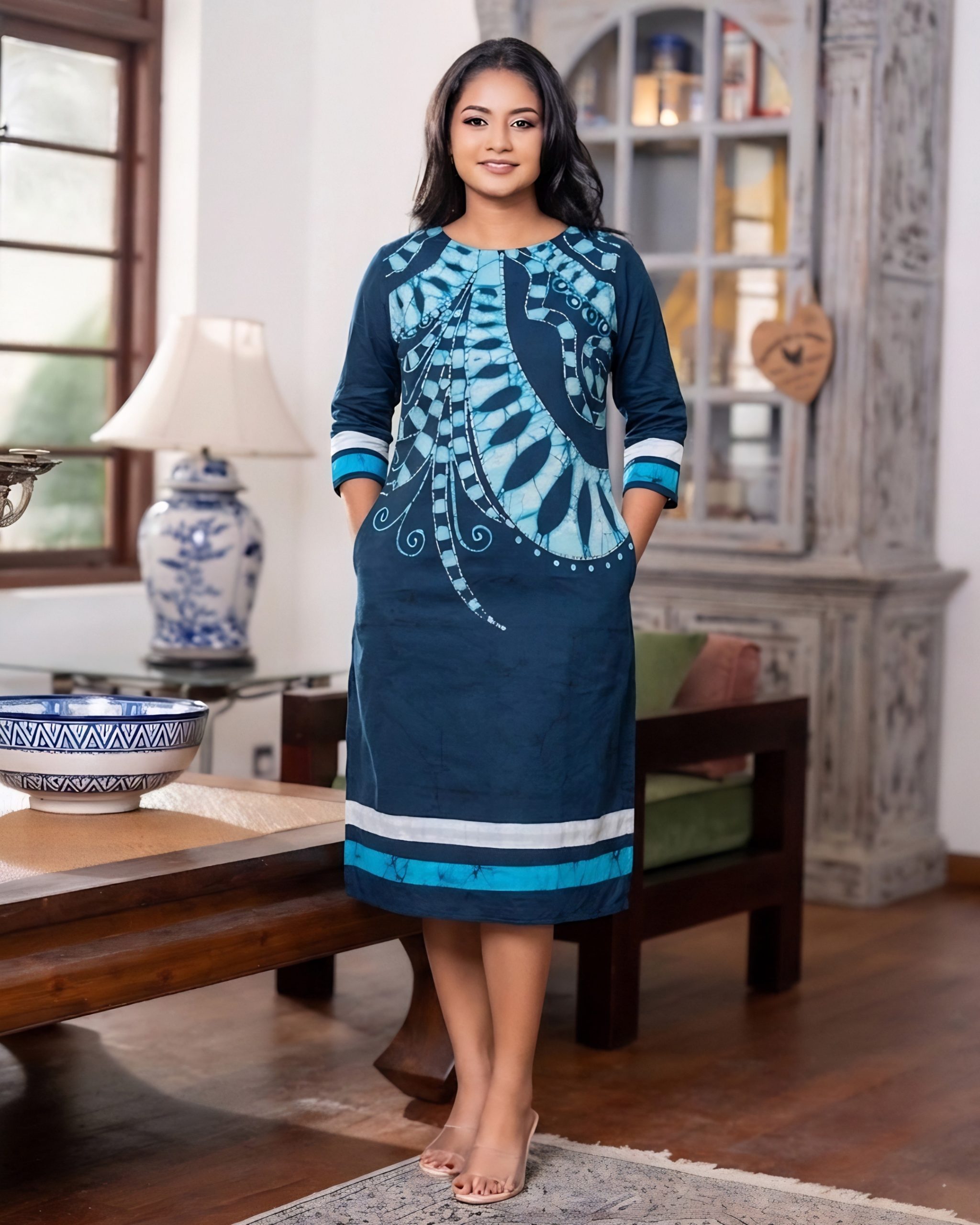 Indigo Sea-Fan Batik Short Dress - Image 3