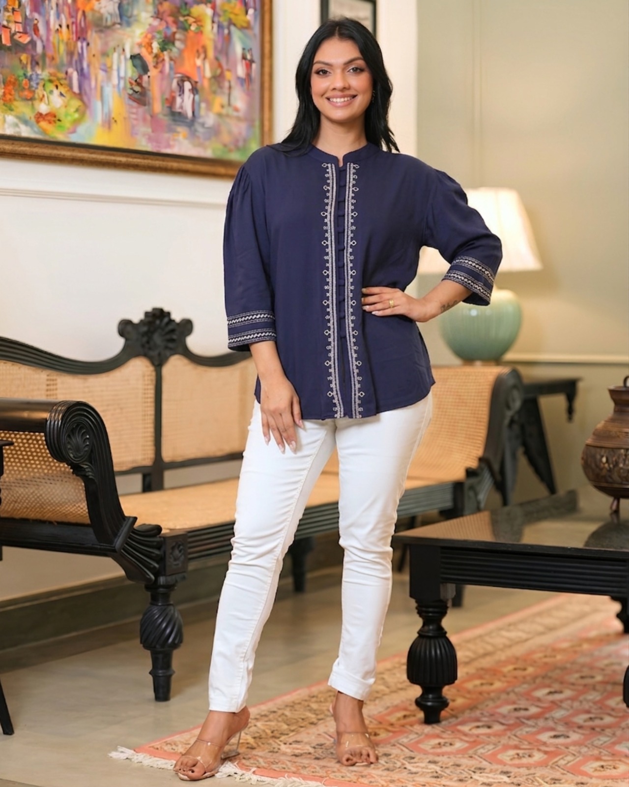 Embroidered Button-Front Tunic Blouse - Image 4
