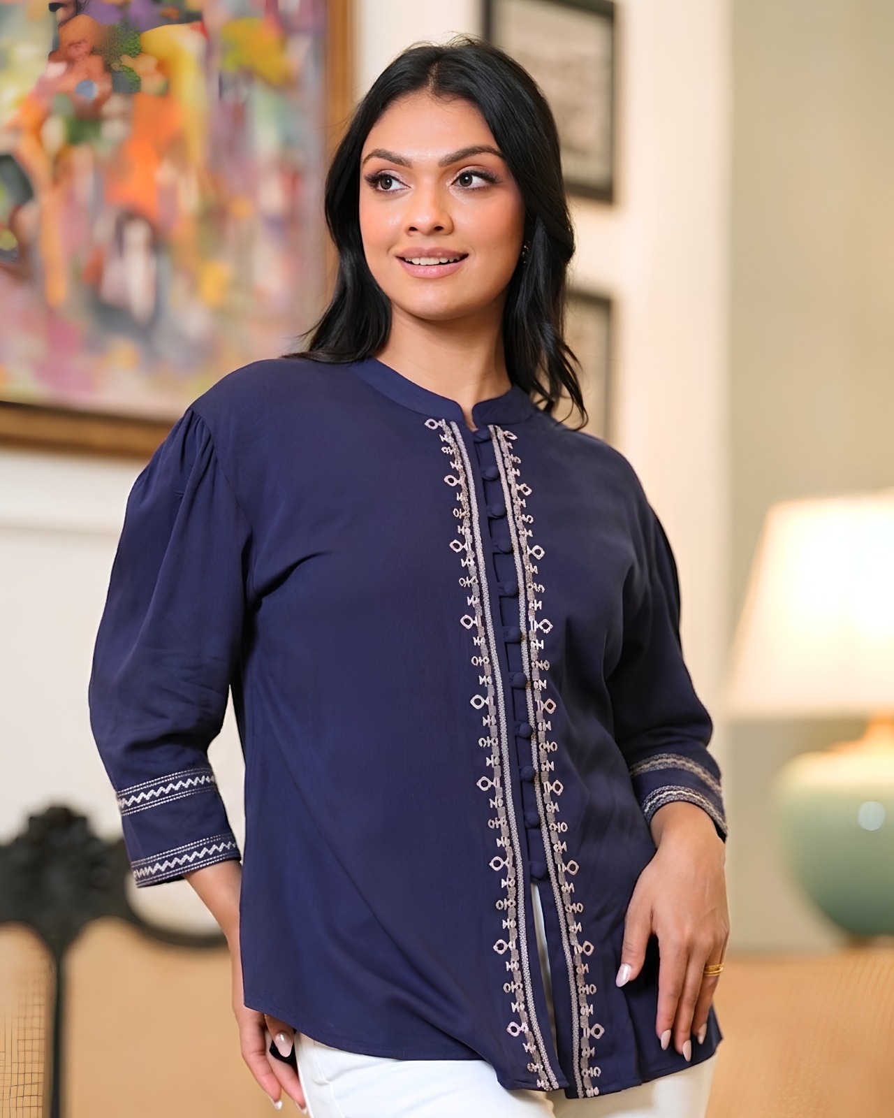 Embroidered Button-Front Tunic Blouse - Image 2