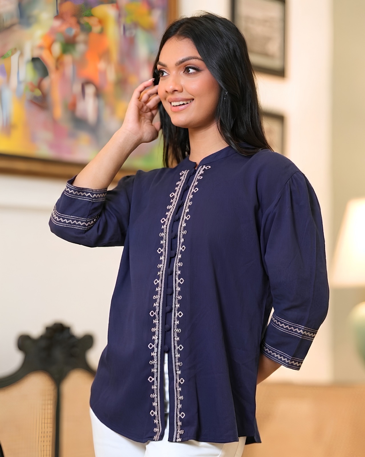 Embroidered Button-Front Tunic Blouse - Image 3