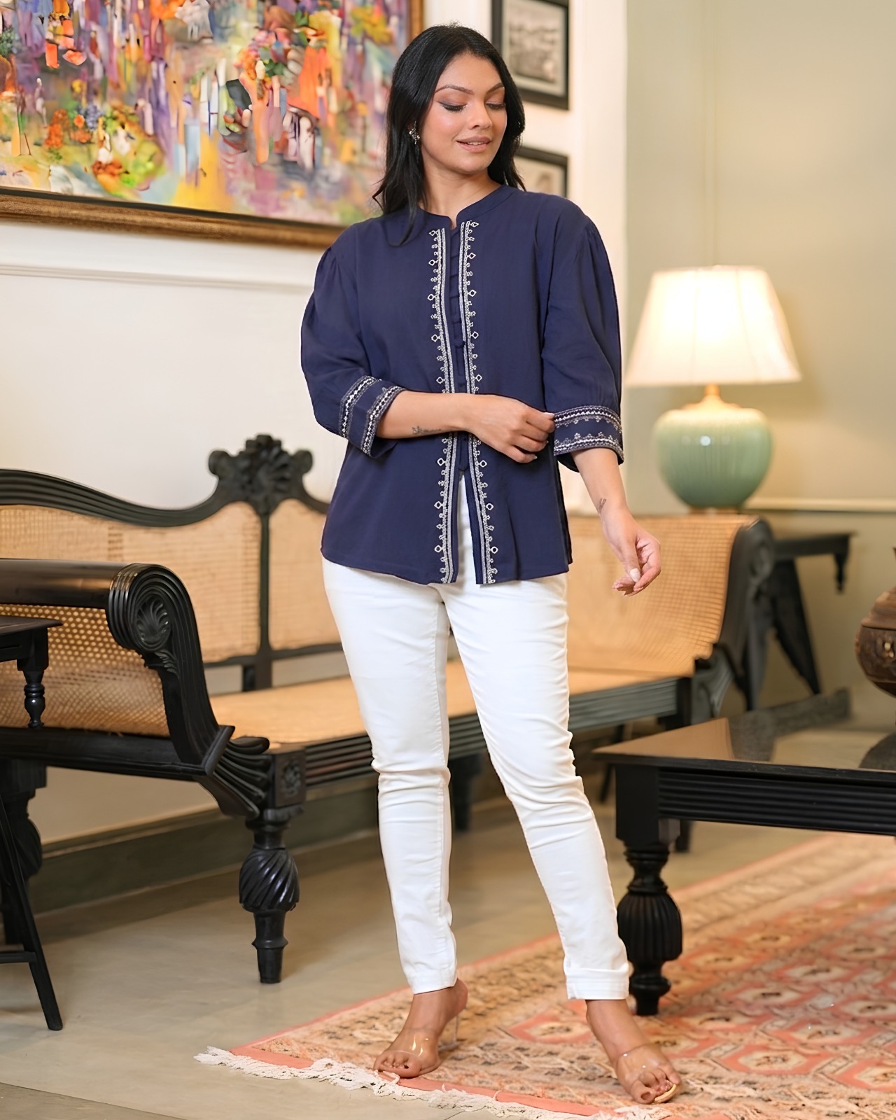 Embroidered Button-Front Tunic Blouse - Image 5