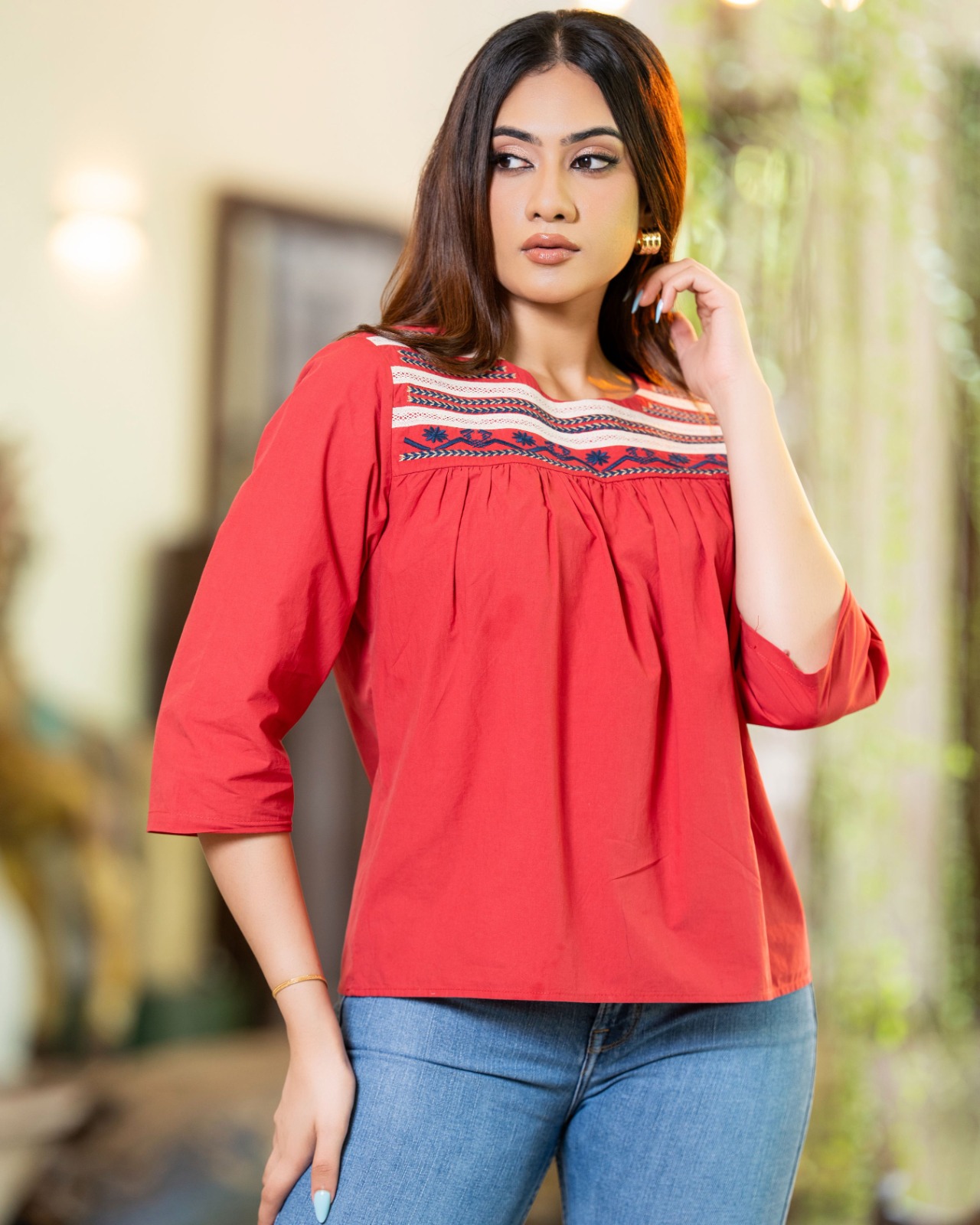 Geometric Embroidered Yoke Gathered Blouse - Image 2