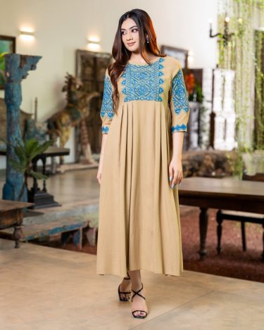 Embroidered Yoke Midi Dress with Front Pleat Detail