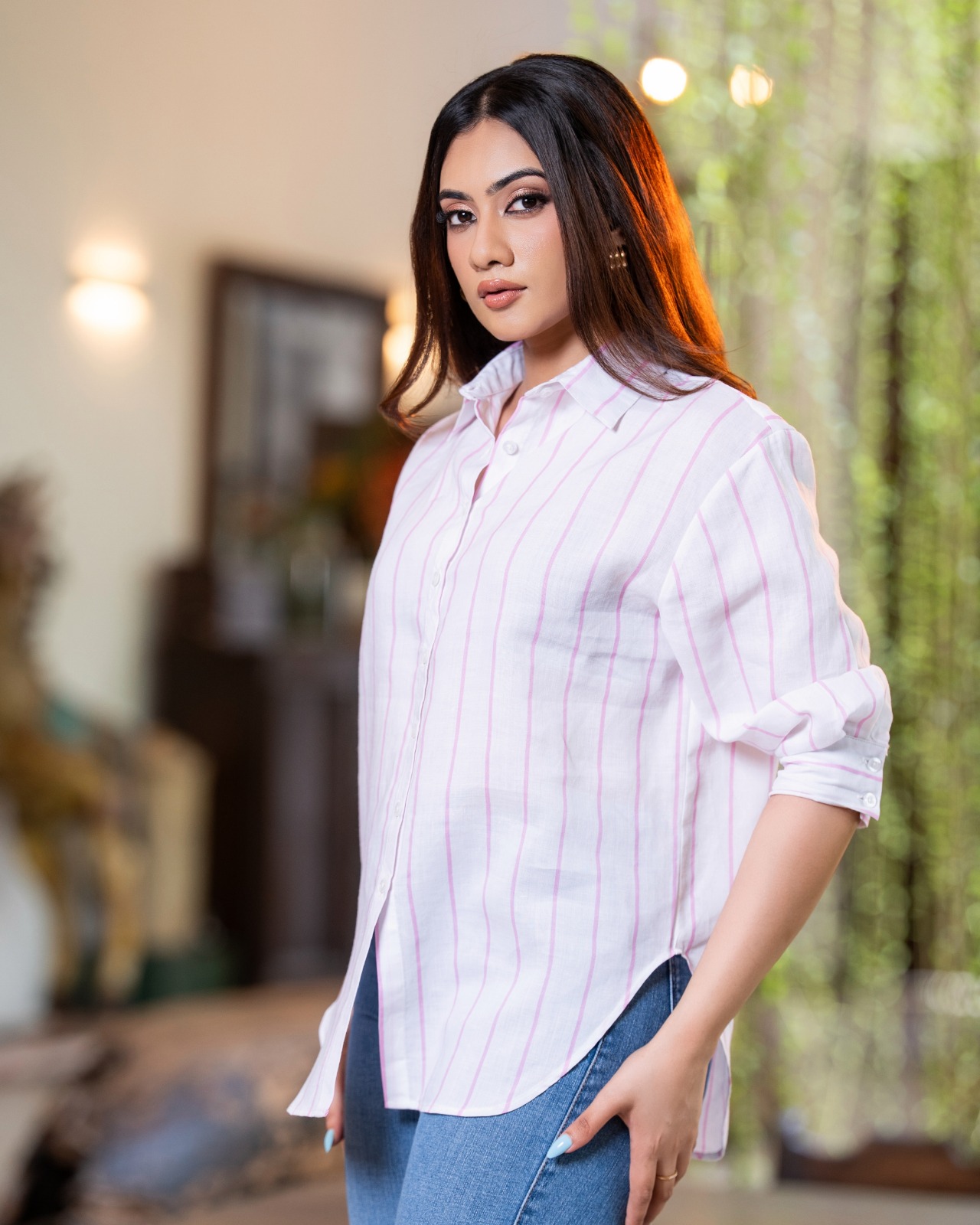 Stripe Full Open Short Sleeve Tunic Blouse - Image 3