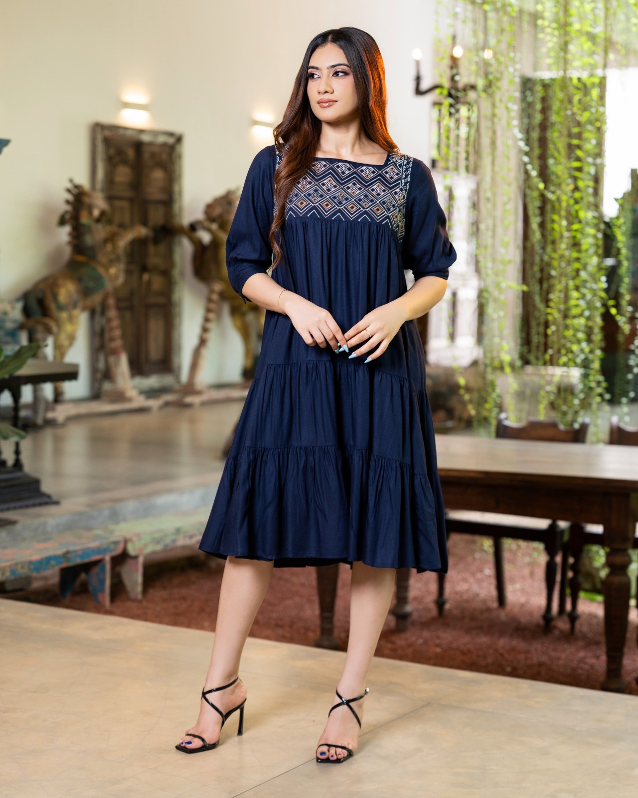 The Square Neck Diamond Yoke Embroidered Tiered Short Dress - Image 3