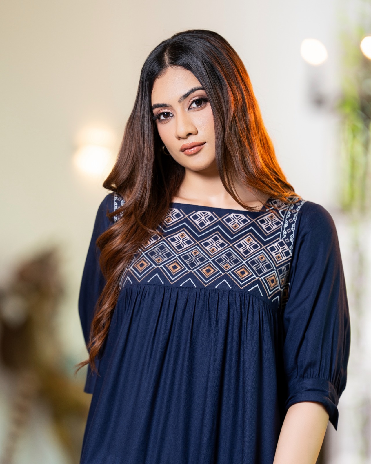 The Square Neck Diamond Yoke Embroidered Tiered Short Dress - Image 4