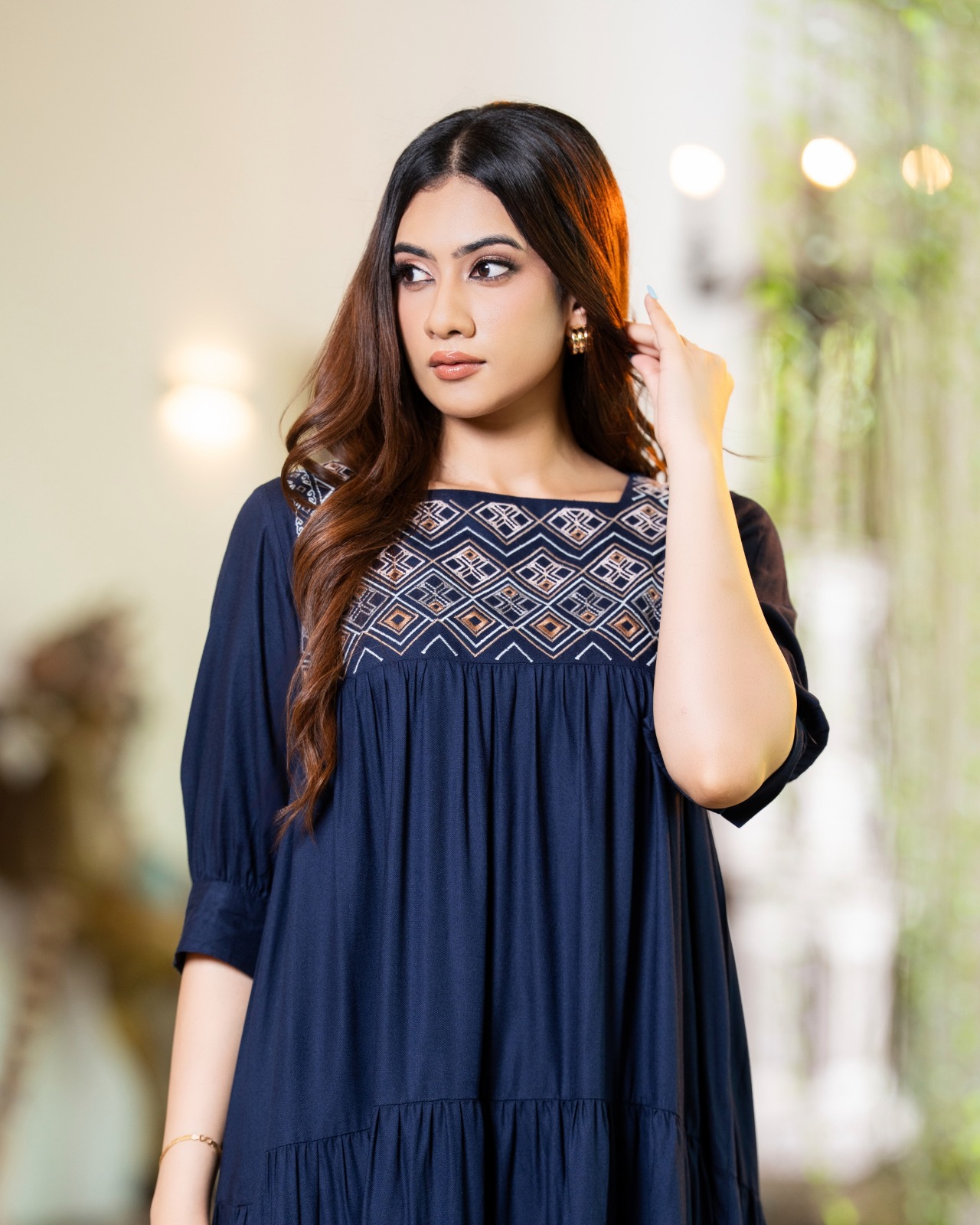 The Square Neck Diamond Yoke Embroidered Tiered Short Dress - Image 5