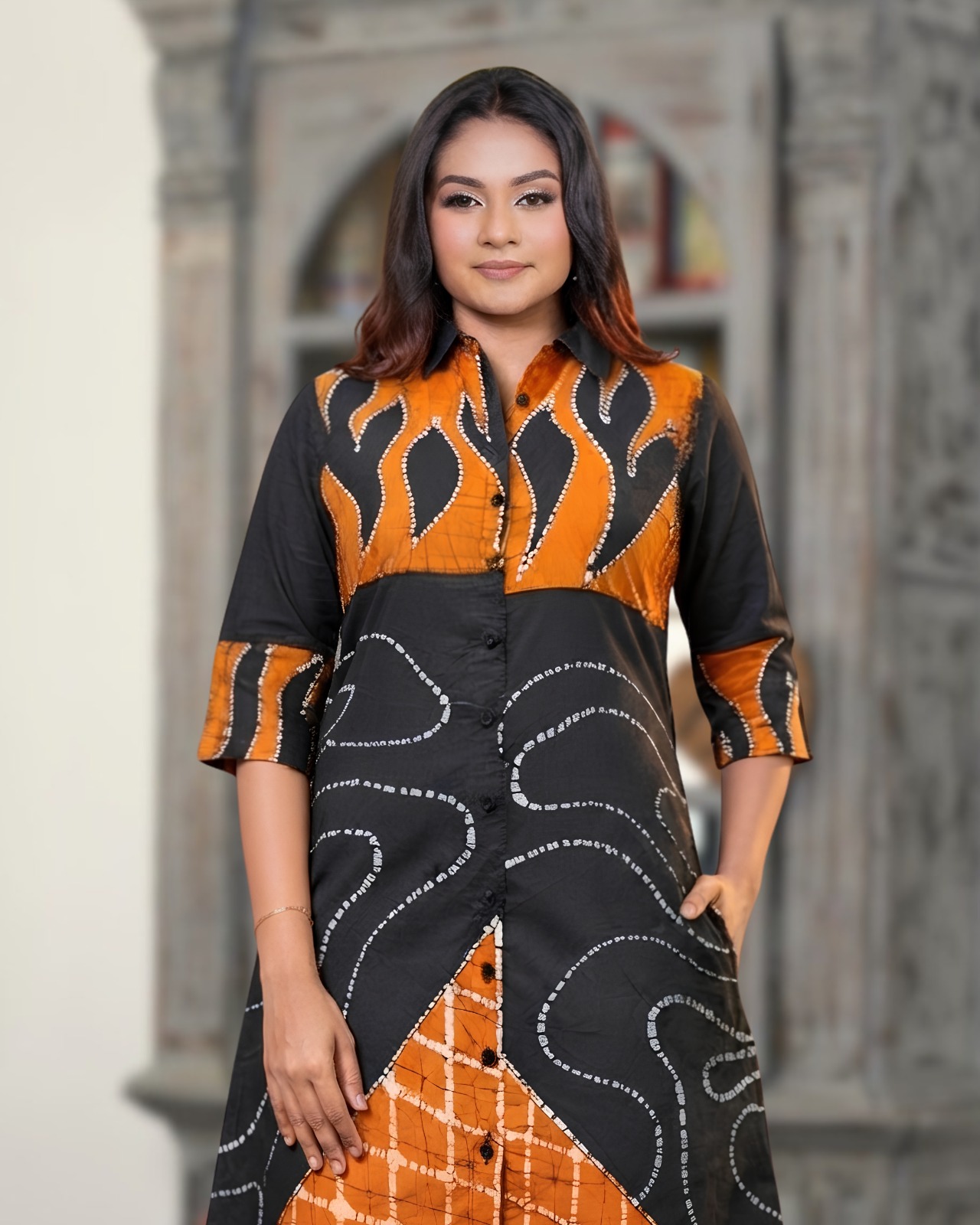 Ember Wave Front-Button Batik Midi Dress - Image 3