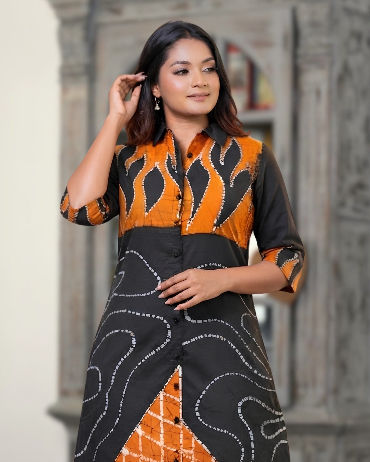 Ember Wave Front-Button Batik Midi Dress - Image 4