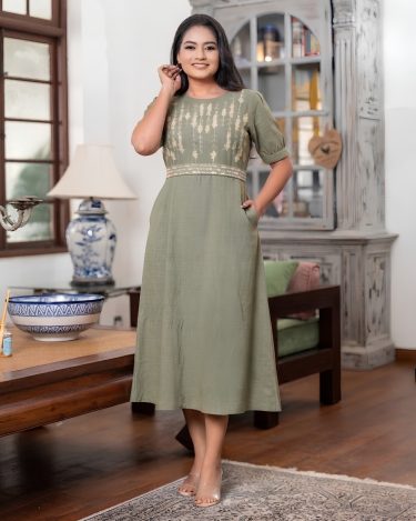 Moss Green Midi Dress with Embroidered Waistband