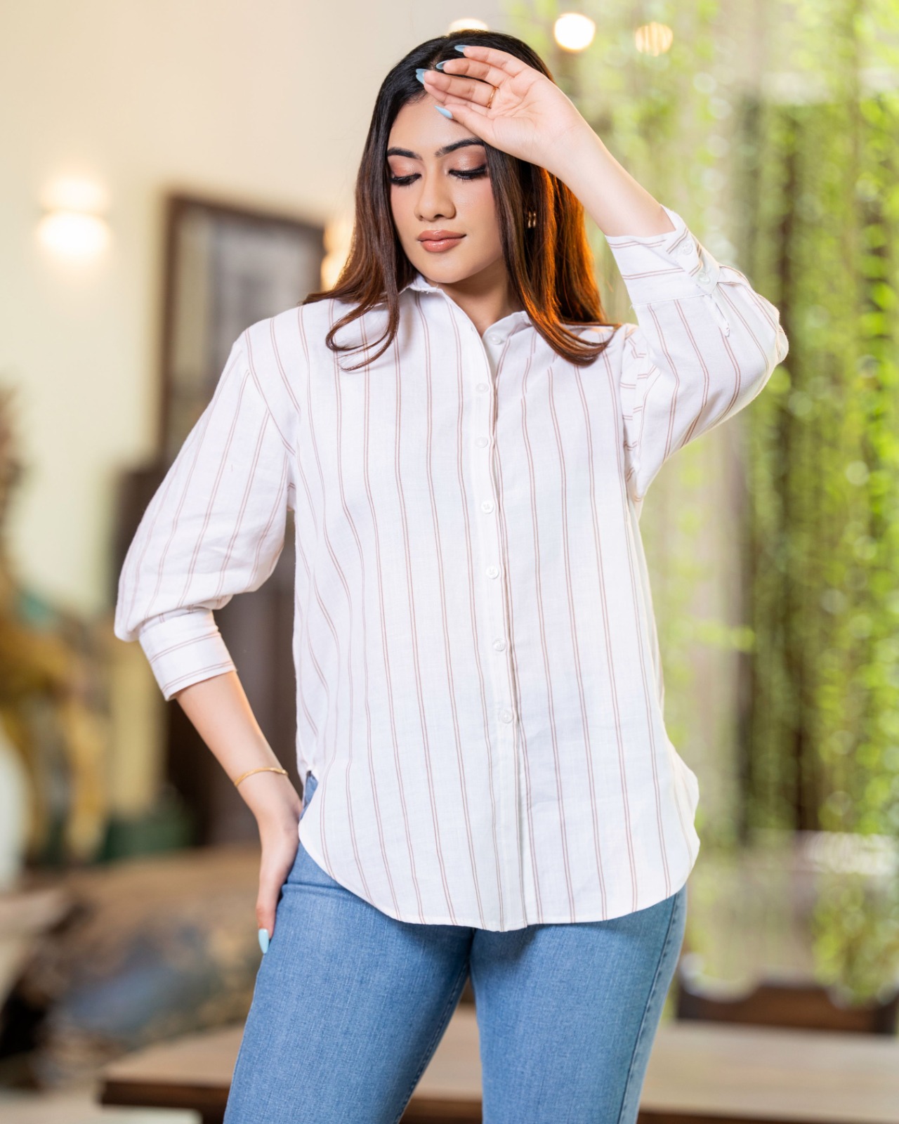 Stripe Full Open Linen Tunic Blouse - Image 2