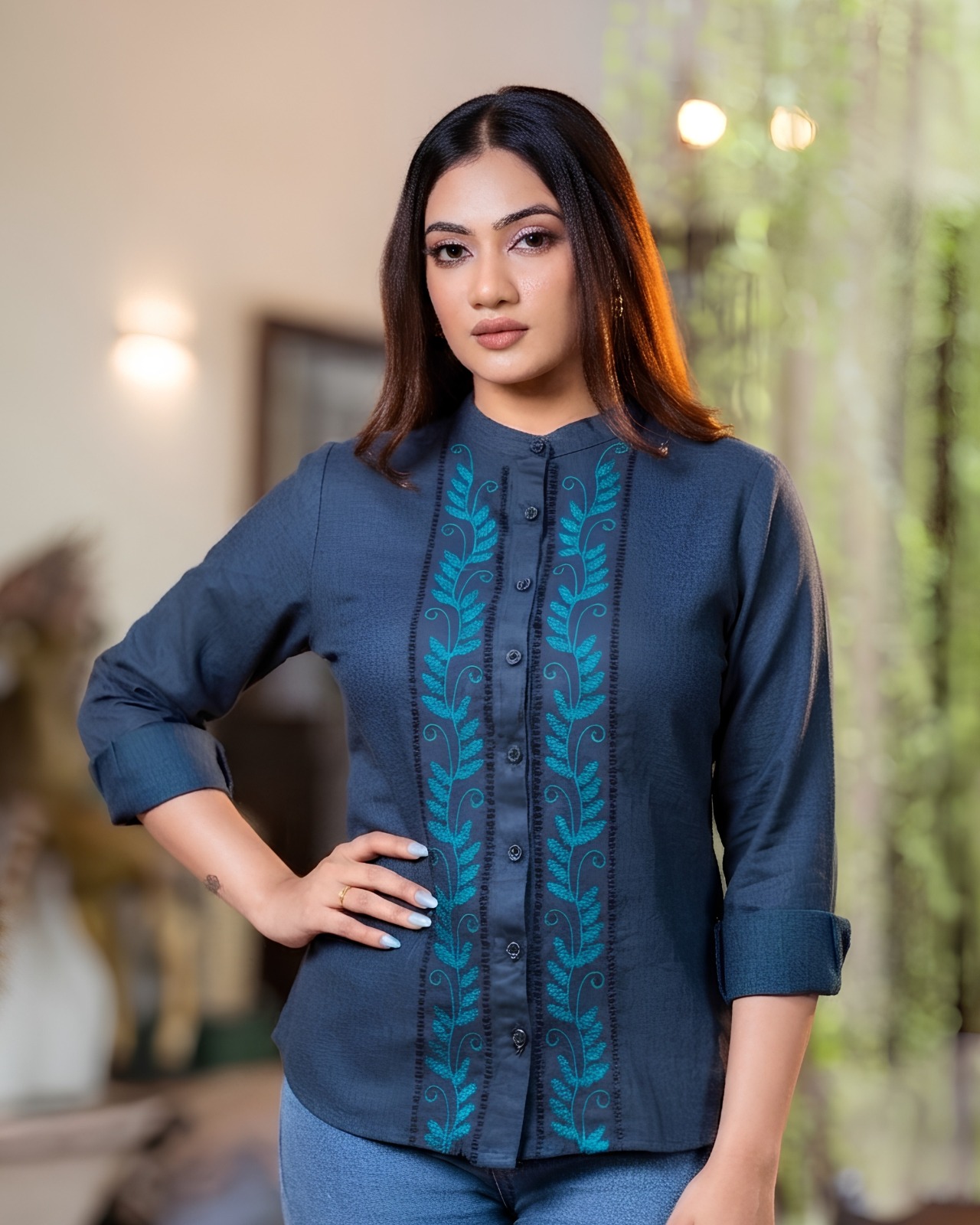 The Teal Vine Mandarin Long Sleeve Blouse - Image 3