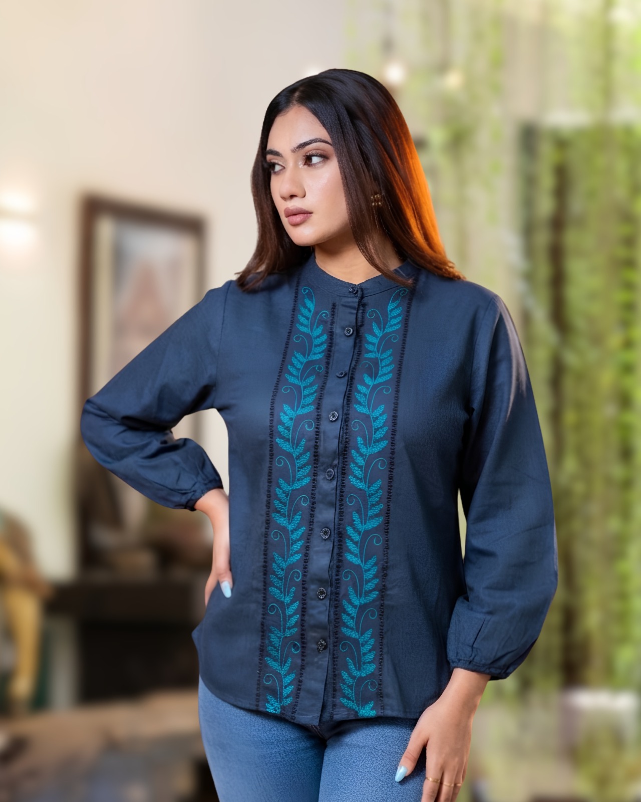 The Teal Vine Mandarin Long Sleeve Blouse - Image 4