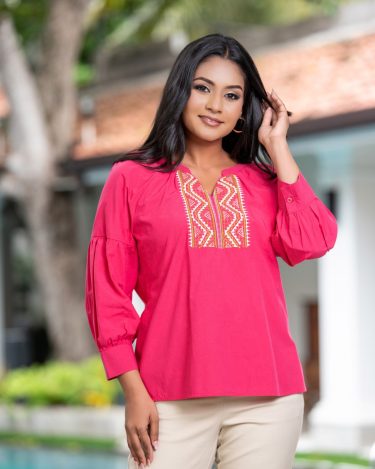 V-Notch Neckline Blouse with Geometric Embroidery