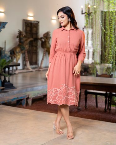 Rose Clay Elastic Waist Cut Embroidered Short Dress