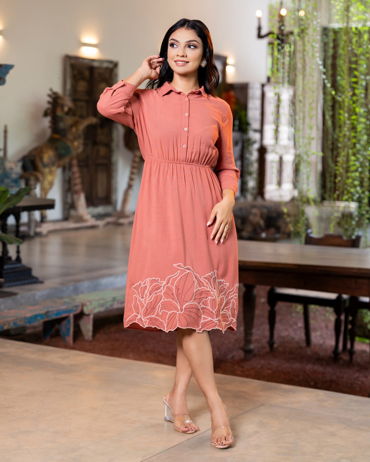Rose Clay Elastic Waist Cut Embroidered Short Dress - Image 3