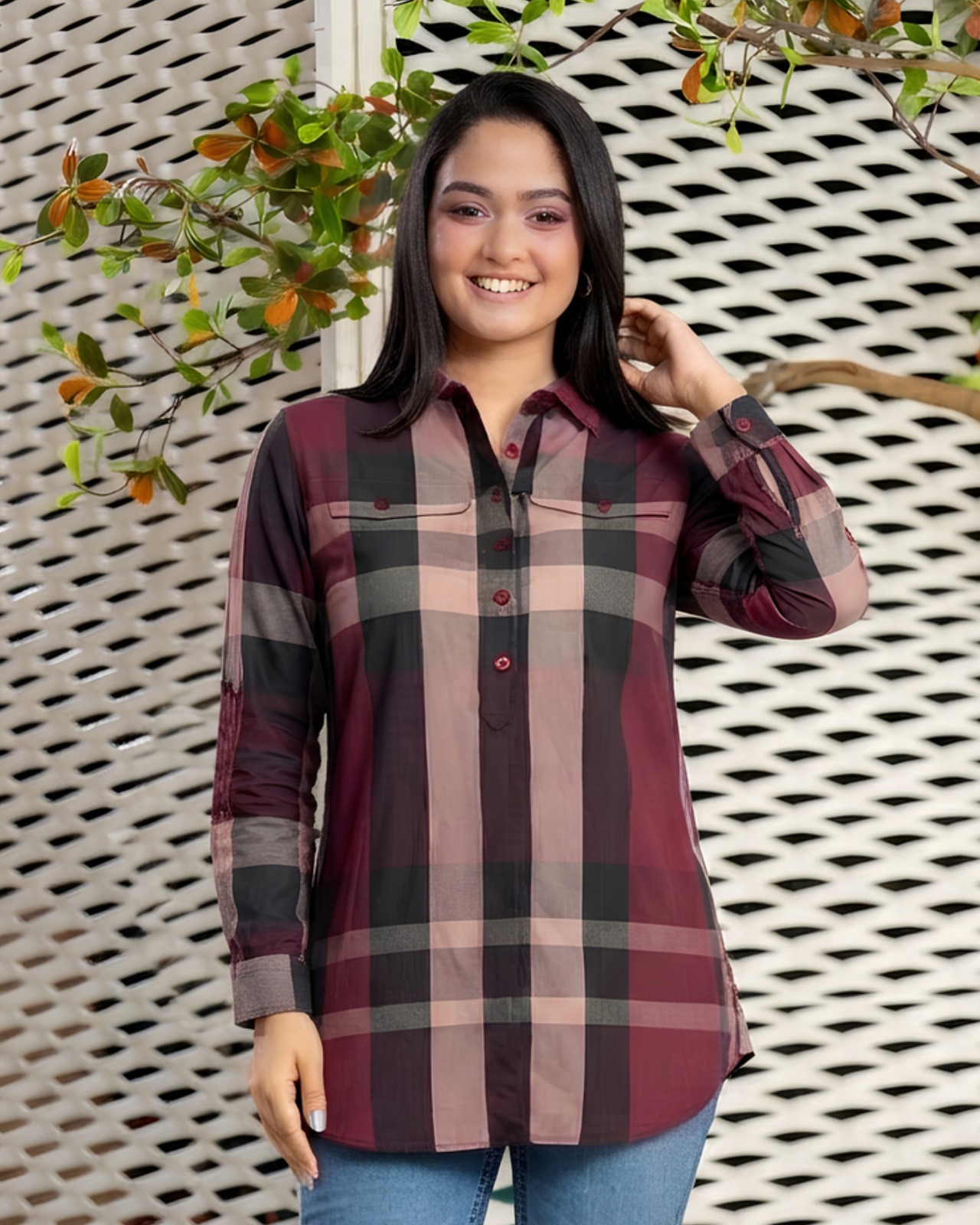 Point Collar Check Blouse with Dual Flap Pockets - Image 3