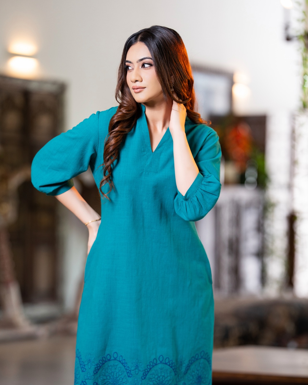 V-Neck Short Shift Dress with Scalloped Hem Embroidery - Image 5