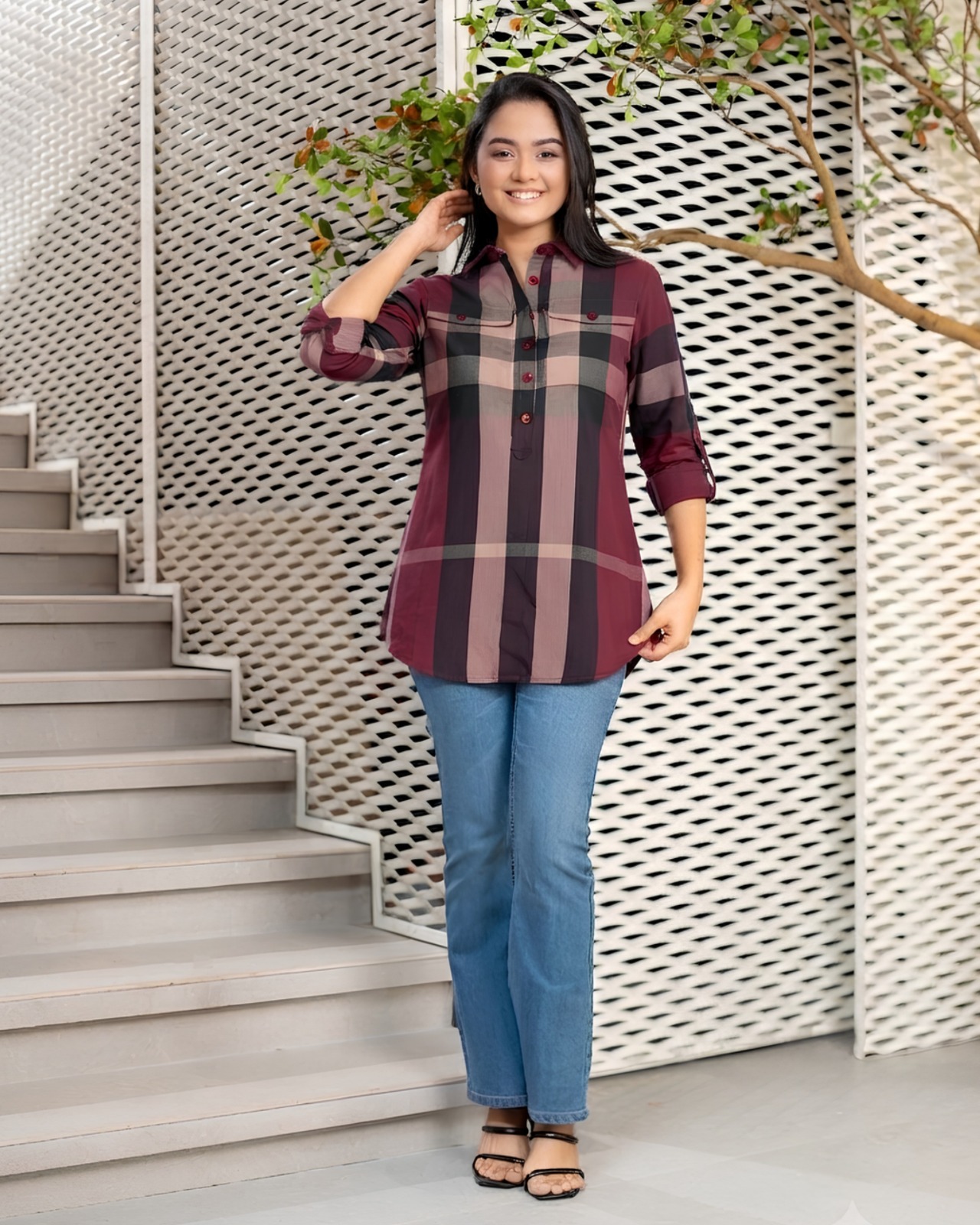 Point Collar Check Blouse with Dual Flap Pockets