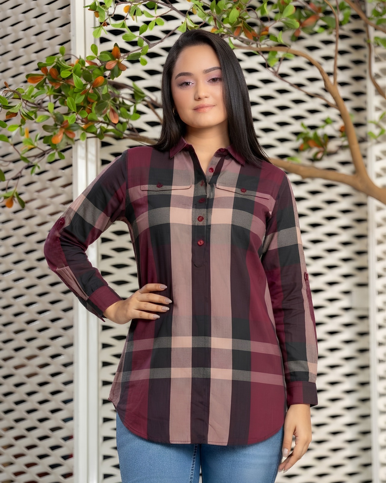Point Collar Check Blouse with Dual Flap Pockets - Image 4