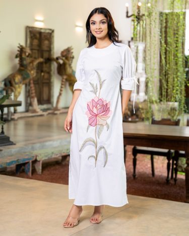 The Lotus Bloom Ruched Puff Sleeve Embroidered Maxi Dress