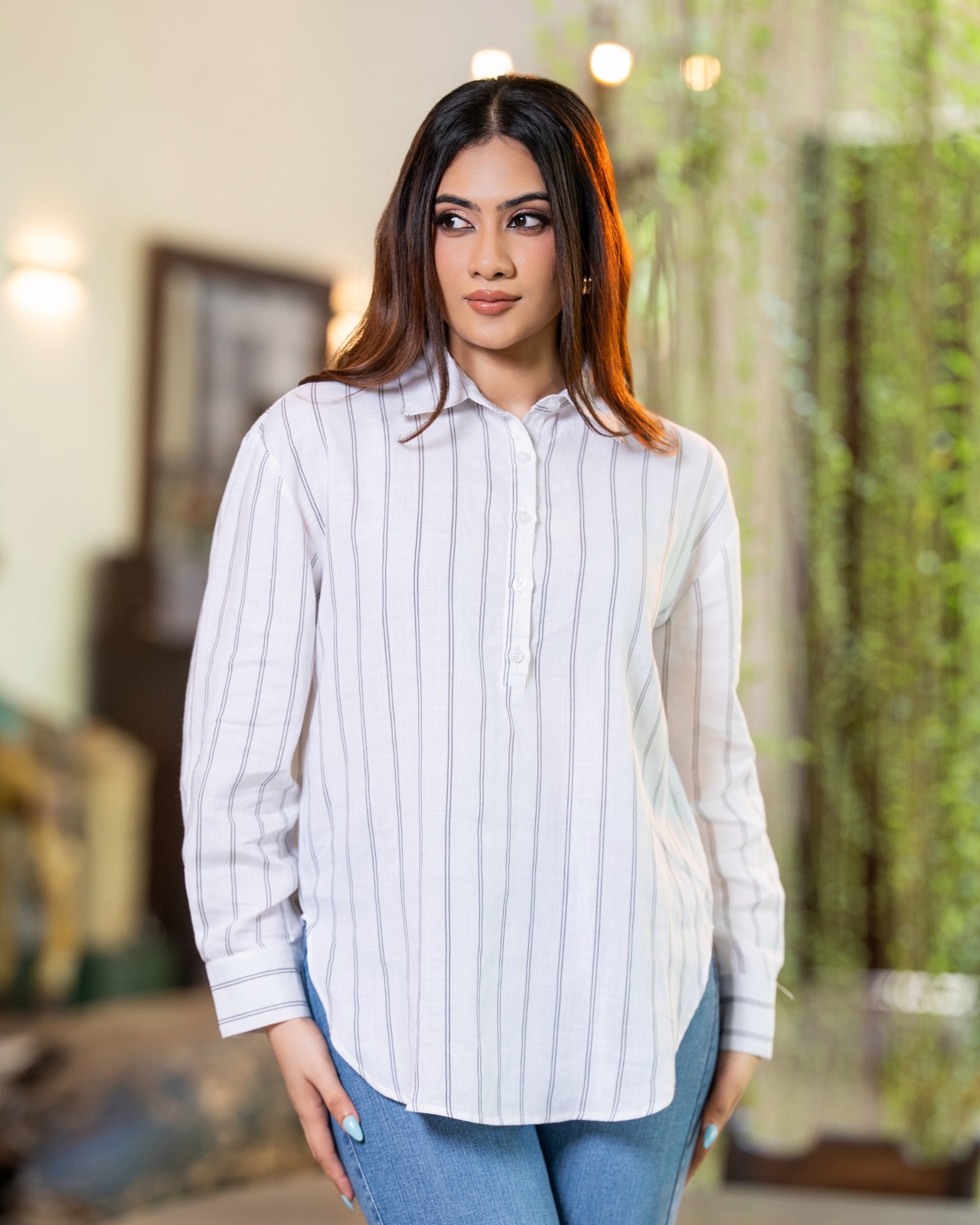 PinStripe Curved Hem Tunic Blouse - Image 2