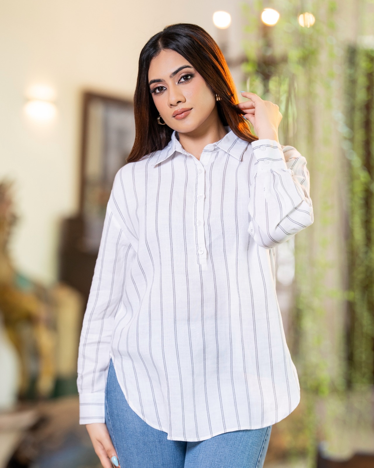 PinStripe Curved Hem Tunic Blouse - Image 3