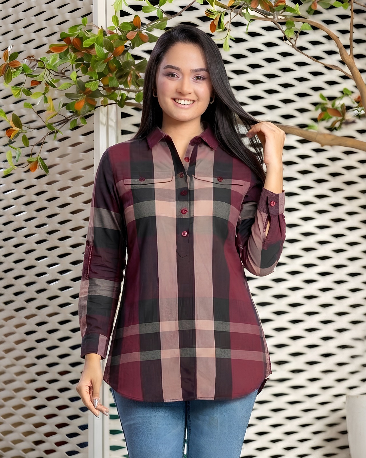 Point Collar Check Blouse with Dual Flap Pockets - Image 2