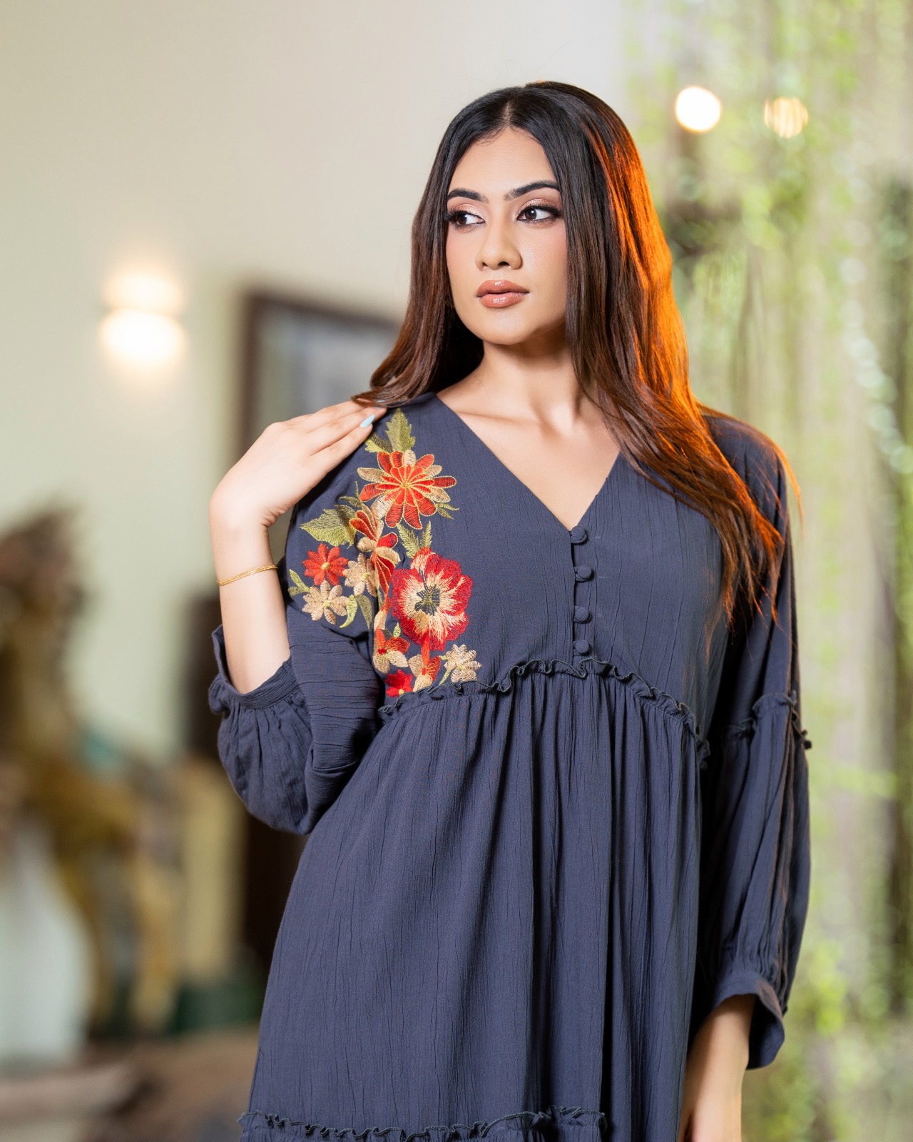 The Meadow Embroidered Gathered Short Dress - Image 4