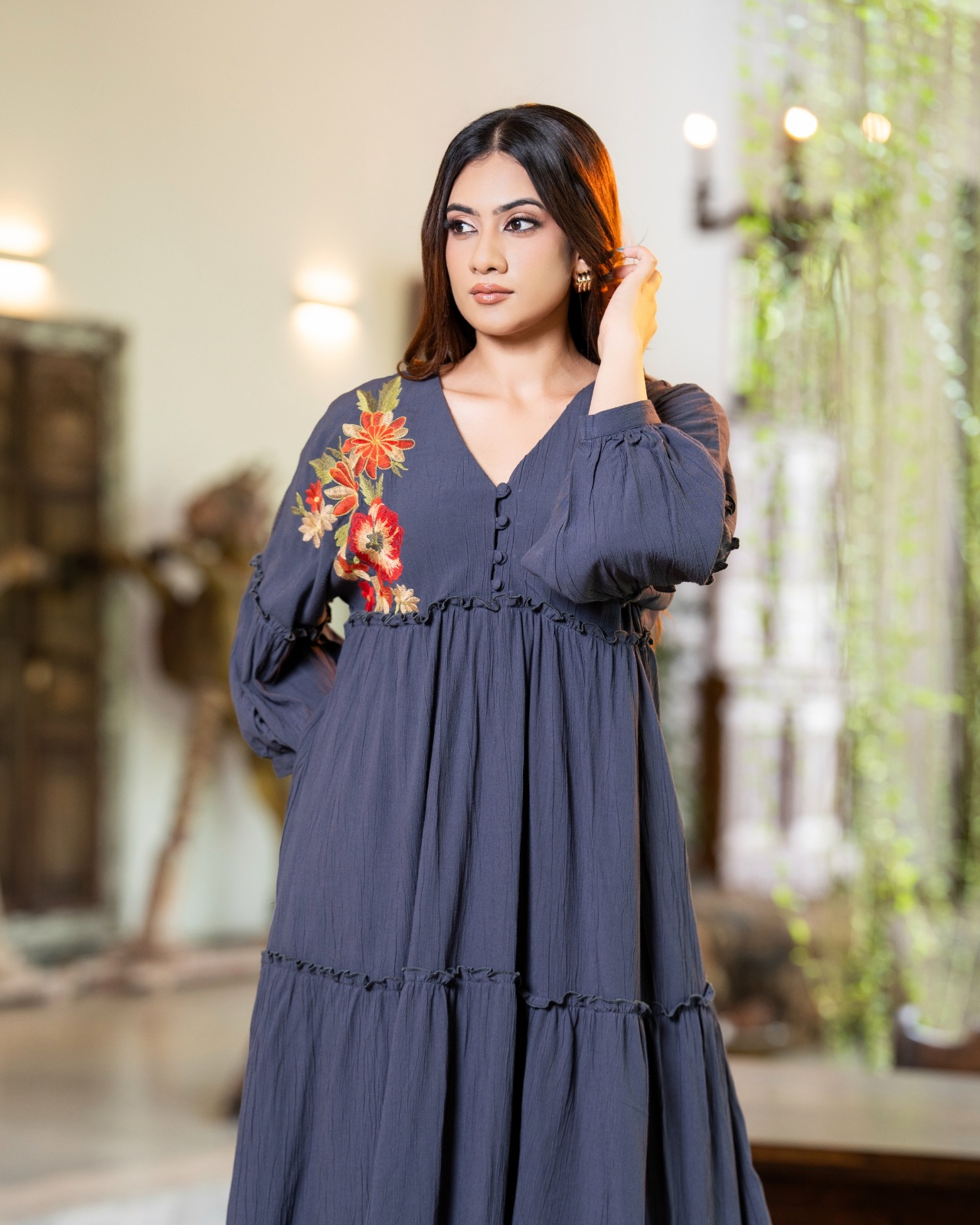 The Meadow Embroidered Gathered Short Dress - Image 3